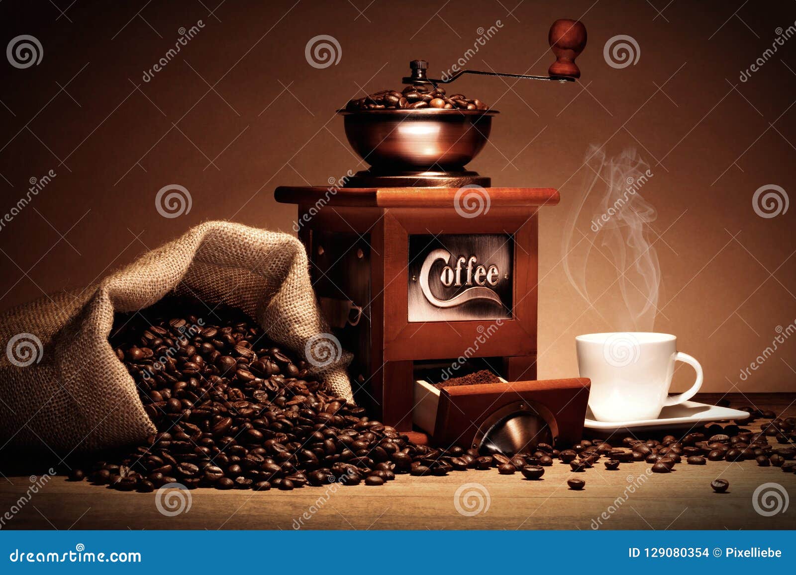 Coffee Grinder with Coffee Bag. Espresso Cup and Coffee Beans Stock Photo -  Image of life, wooden: 129080354