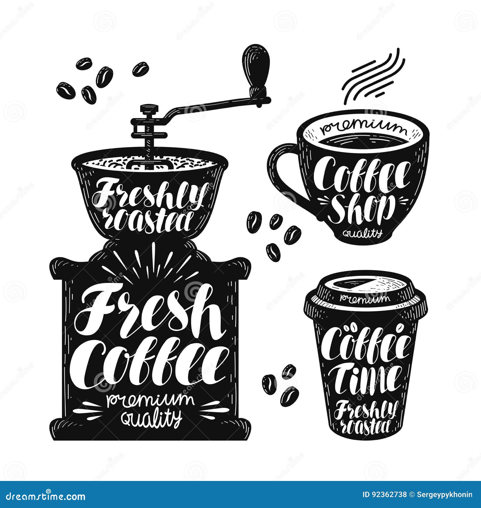 coffee grinder, espresso label set. cafe, hot drink, cup icon or logo. handwritten lettering  