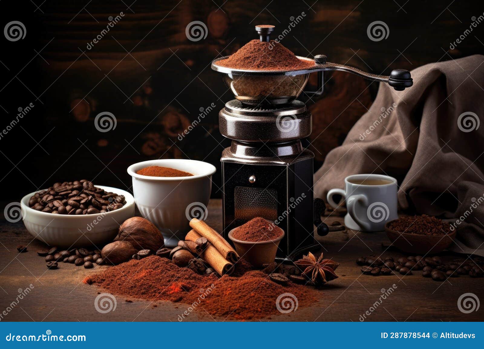 Coffee Grinder with Freshly Ground Coffee beside Stock Photo Image of rustic, freshly 287878544