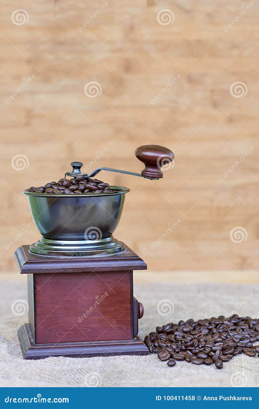Coffee Grinder Full of Roasted Coffee Beans and Coffee Beads on the Left Side Stock Photo