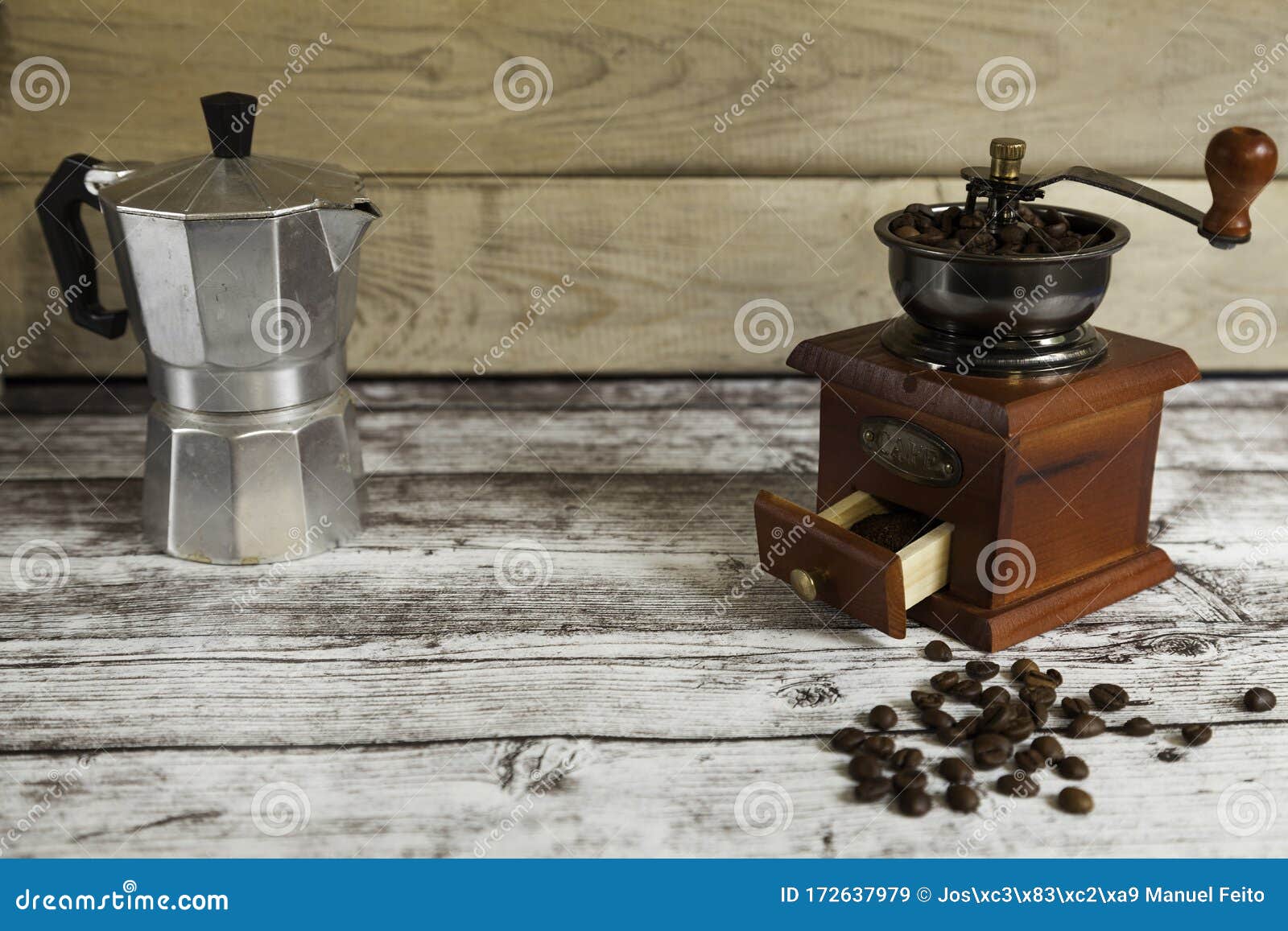 Coffee Grinder with Coffee Grains and Italian Coffee Maker Stock Image