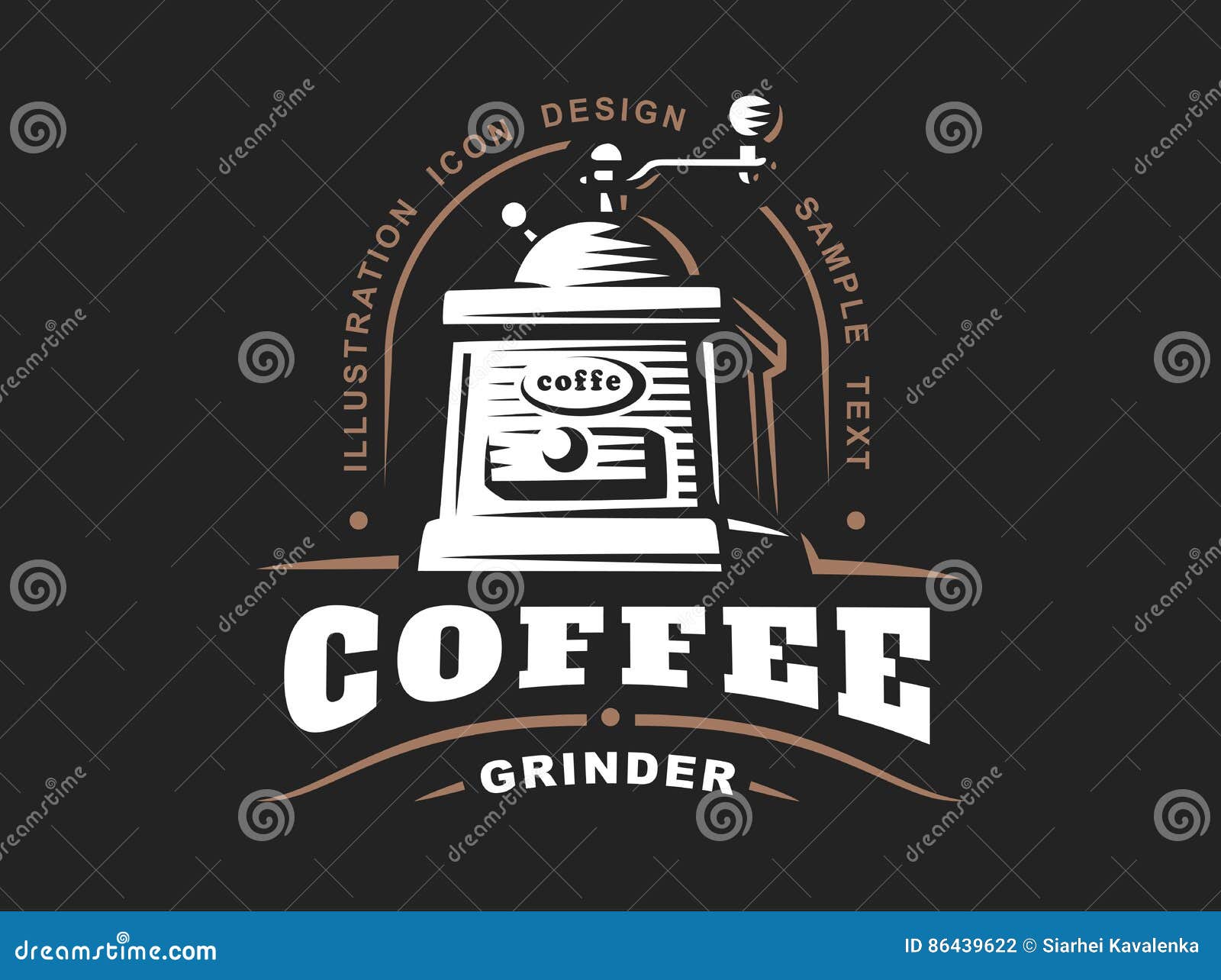 Coffee Grinder Logo Vector Illustration, Emblem on Black Background