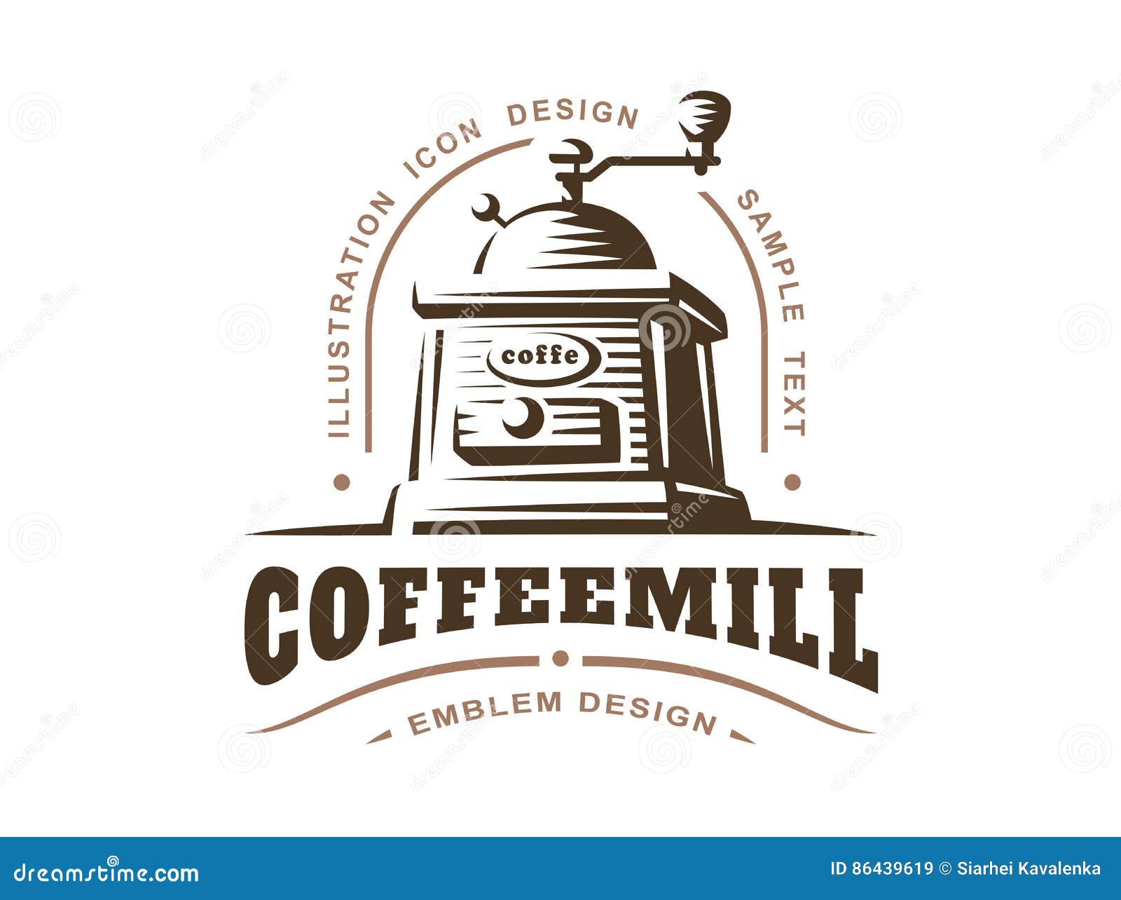 Coffee Grinder Logo Vector Illustration, Emblem on White Background