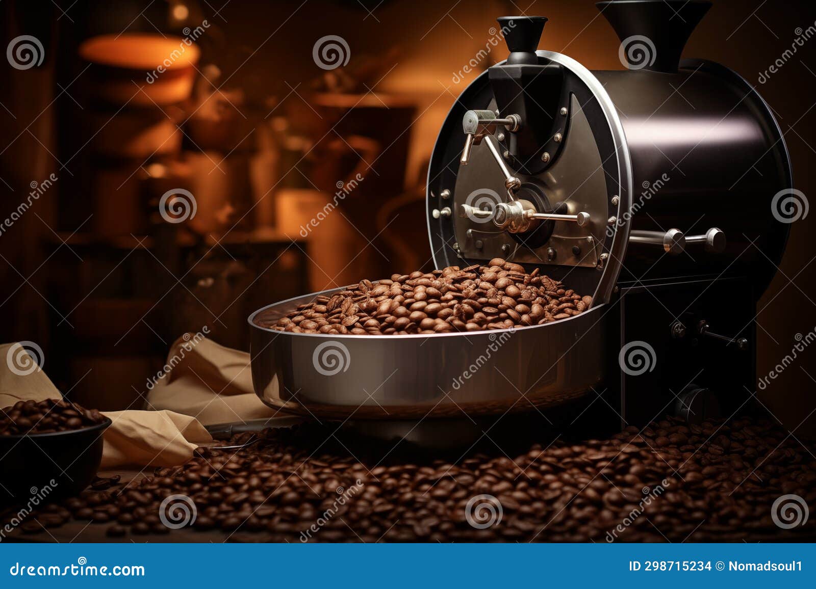 Coffee Grounds at Roaster Machine Closeup View. Generative AI Stock