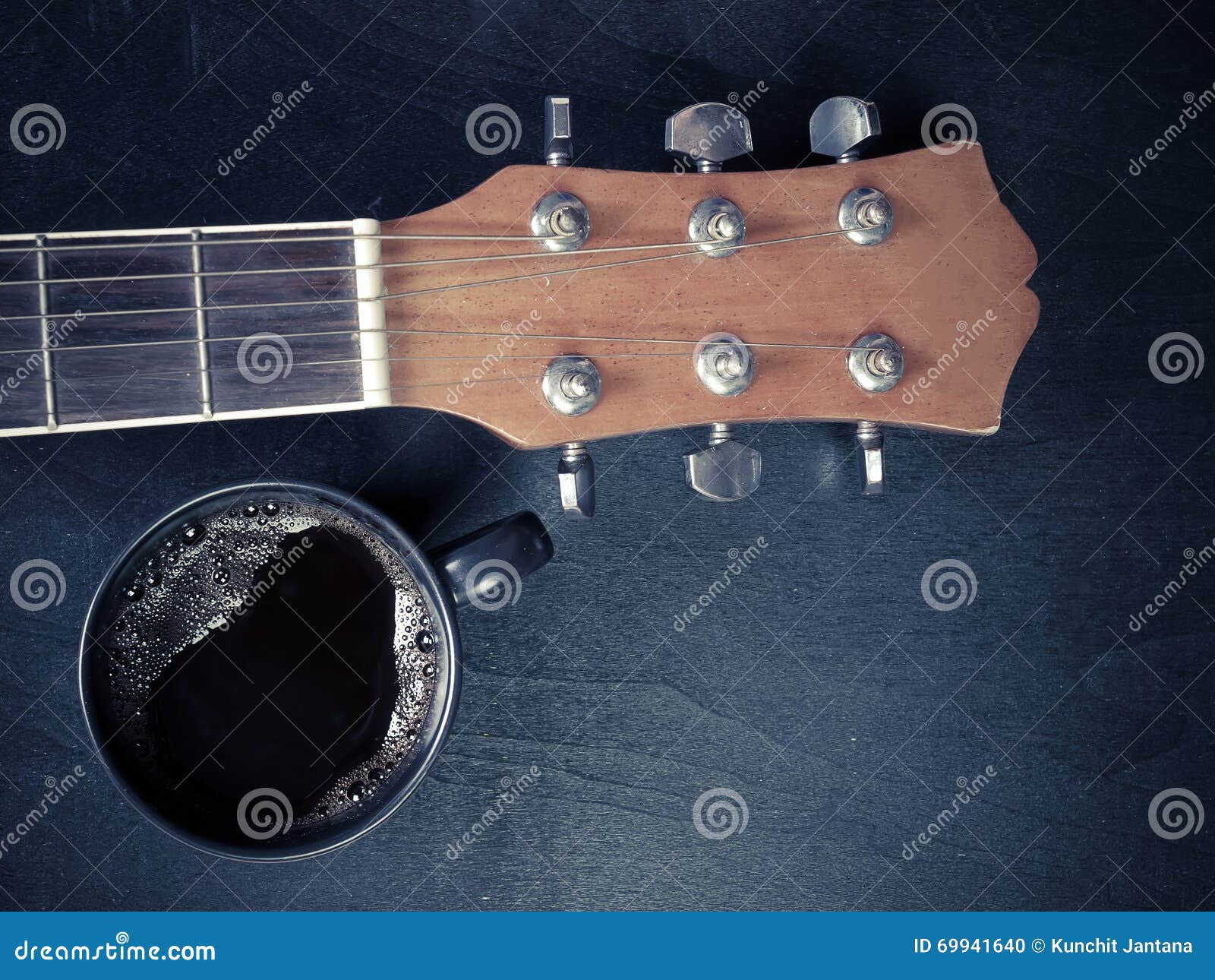 Coffee and Guitar on Wooden Table. Stock Photo Image of music, drink