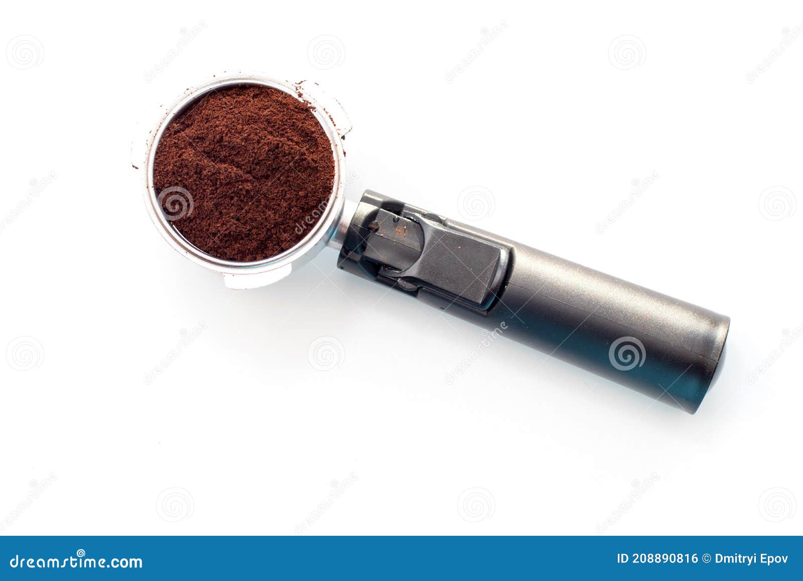 Coffee Holder with Ground Coffee on White Background. Top View Stock