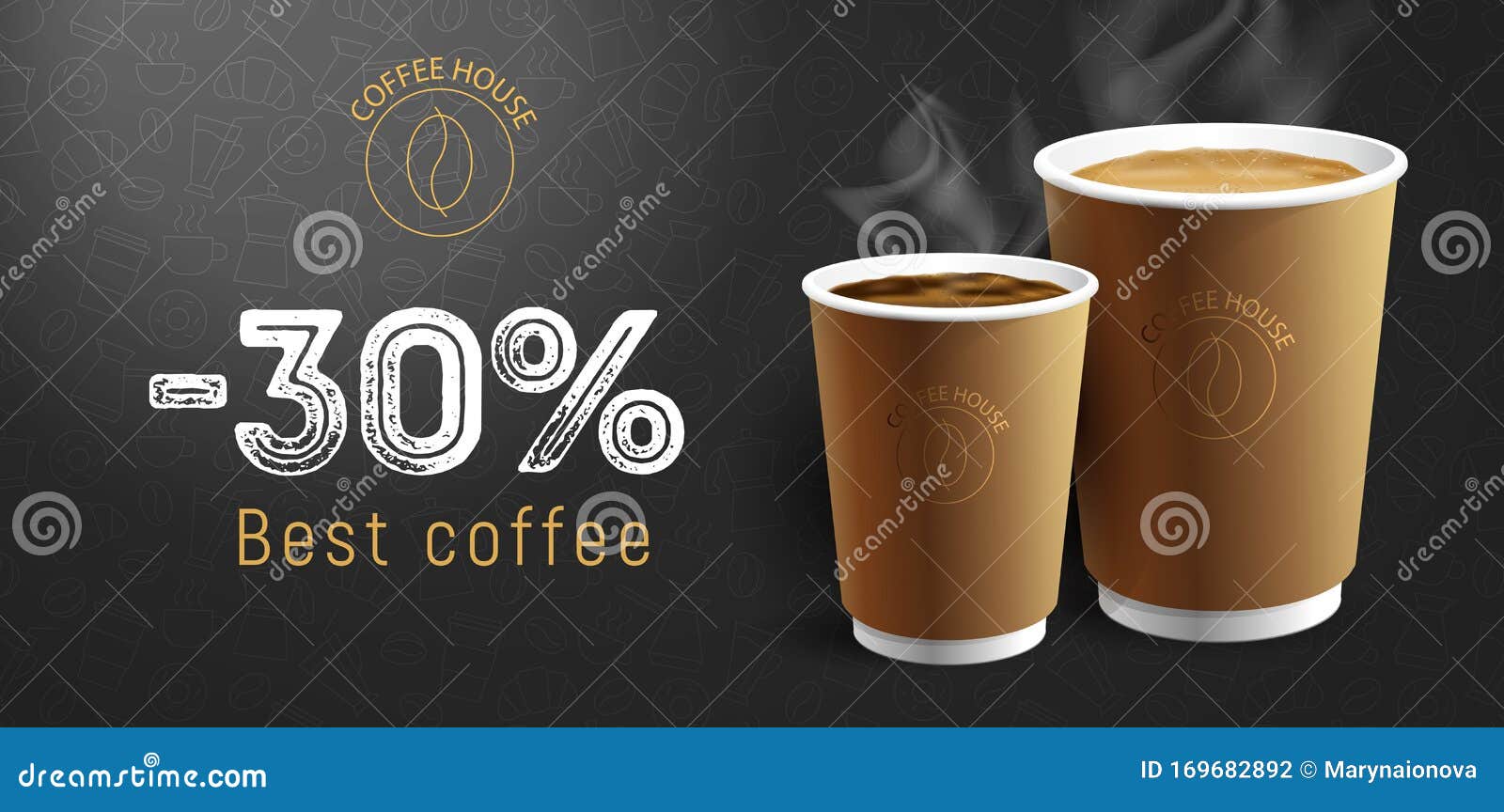 coffee house cafe poster with discount typography and two cappuccino and americano coffee cups s