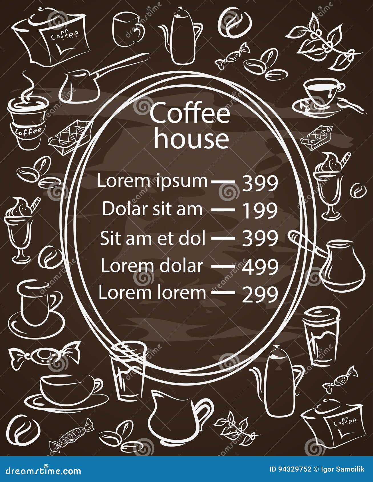 Coffee House Chalkboard Menu with a Central Oval Frame Stock Vector
