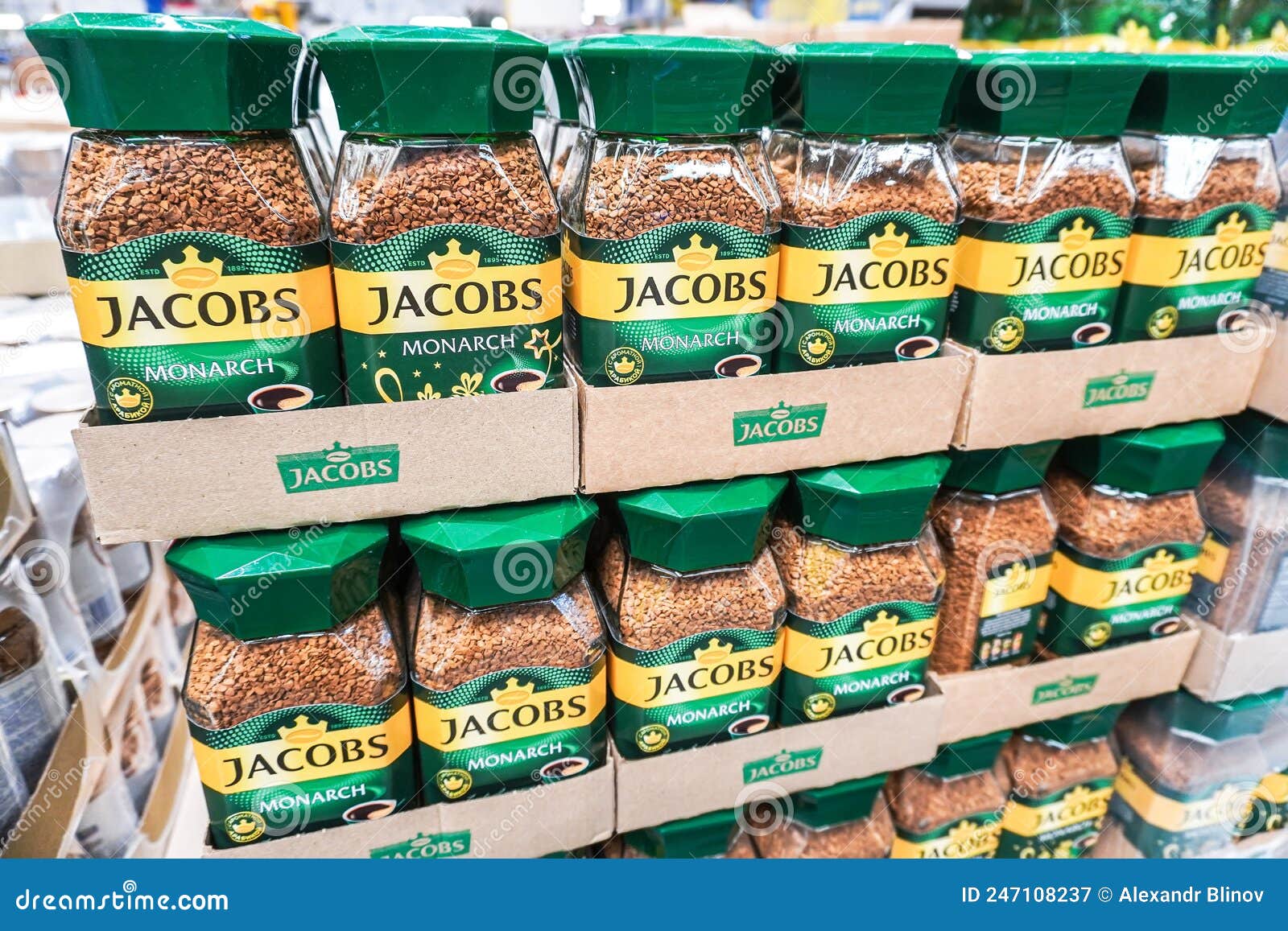 Coffee Jacobs Monarch in Glass Jars on a Store Shelf Editorial