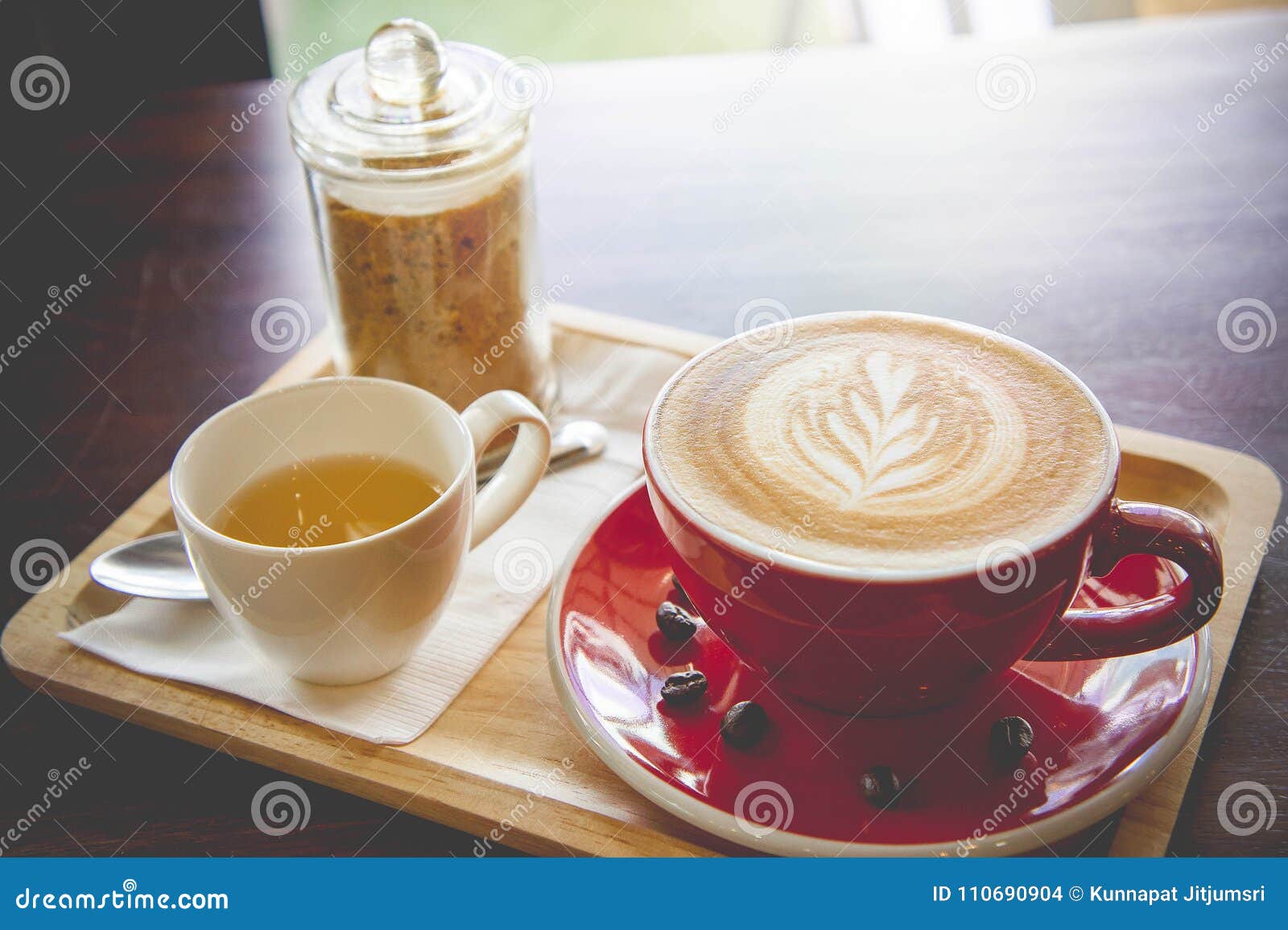 Coffee Latte Art Red Cup in the Morning Time Stock Photo - Image of
