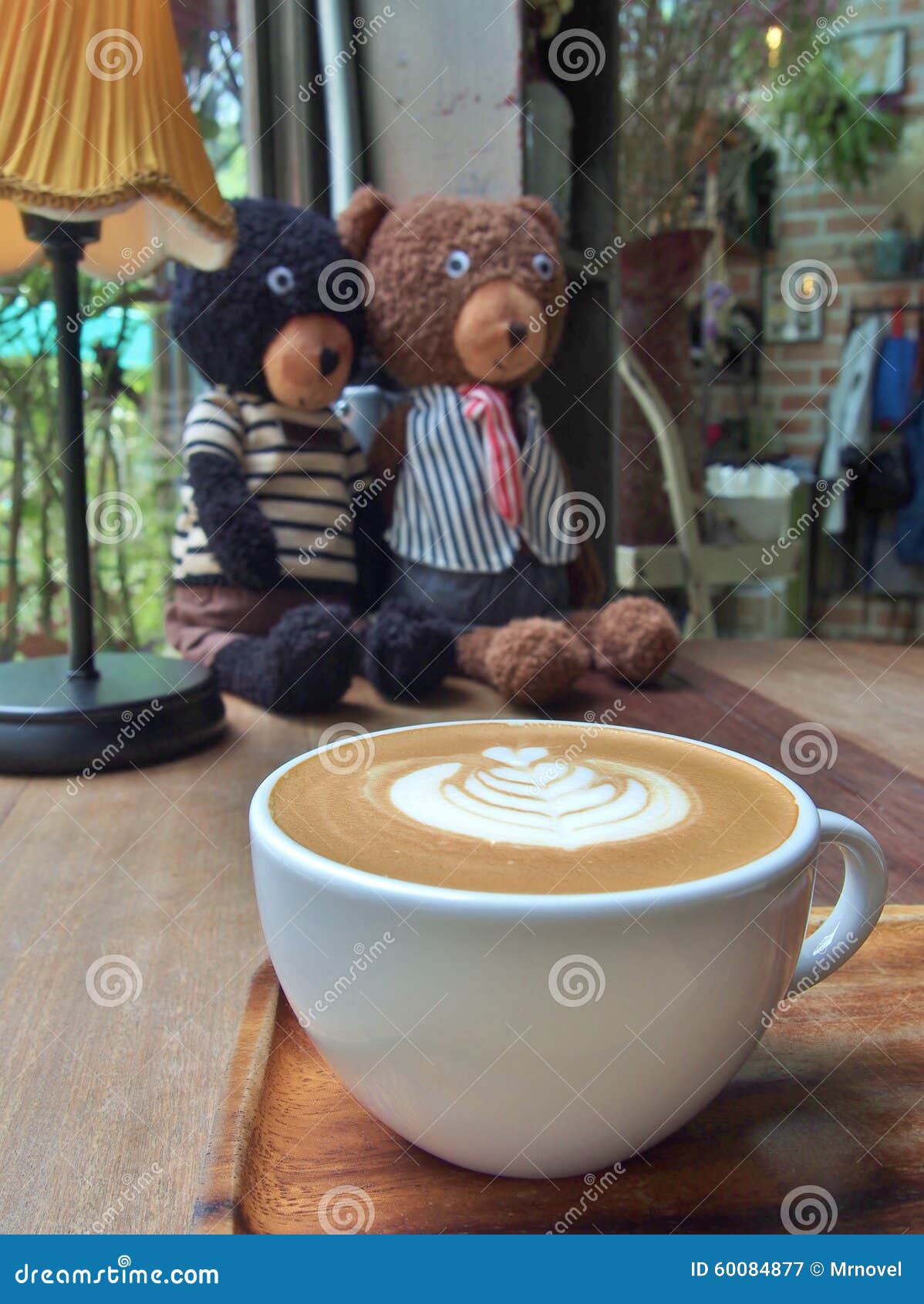 Coffee with Latte Art and Two Bear Dolls Stock Image Image of brew