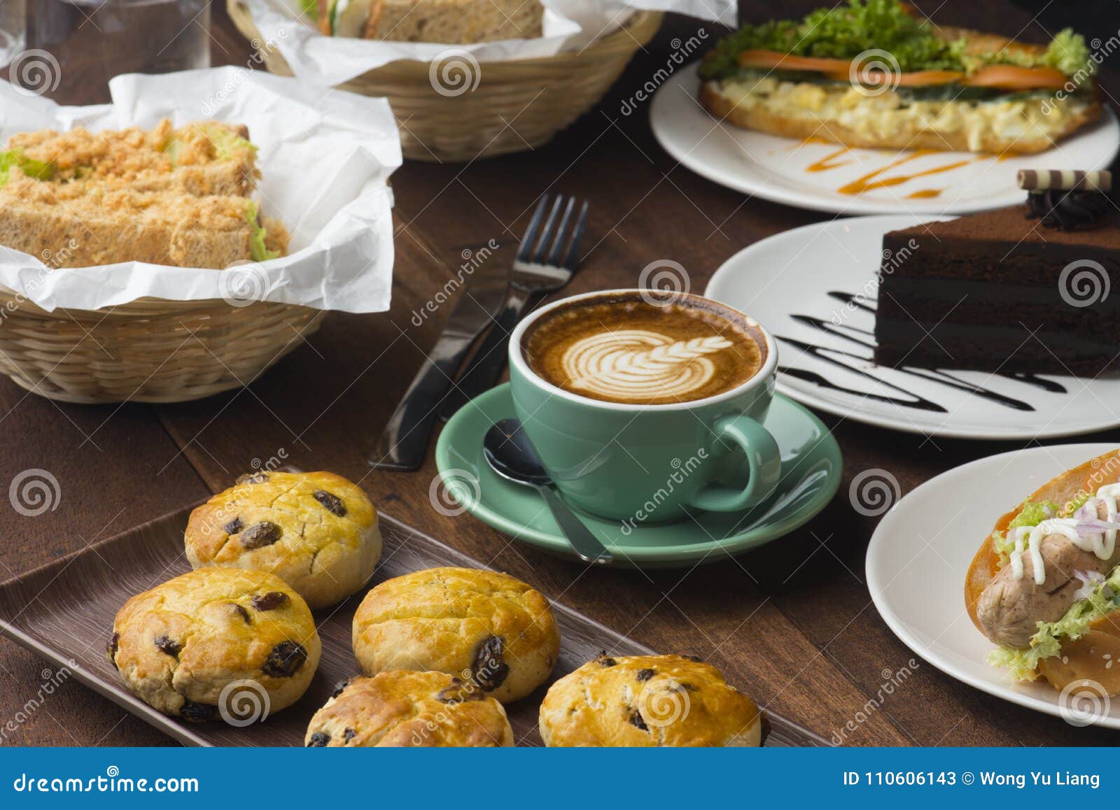 Coffee , latte and cakes stock image. Image of toast 110606143