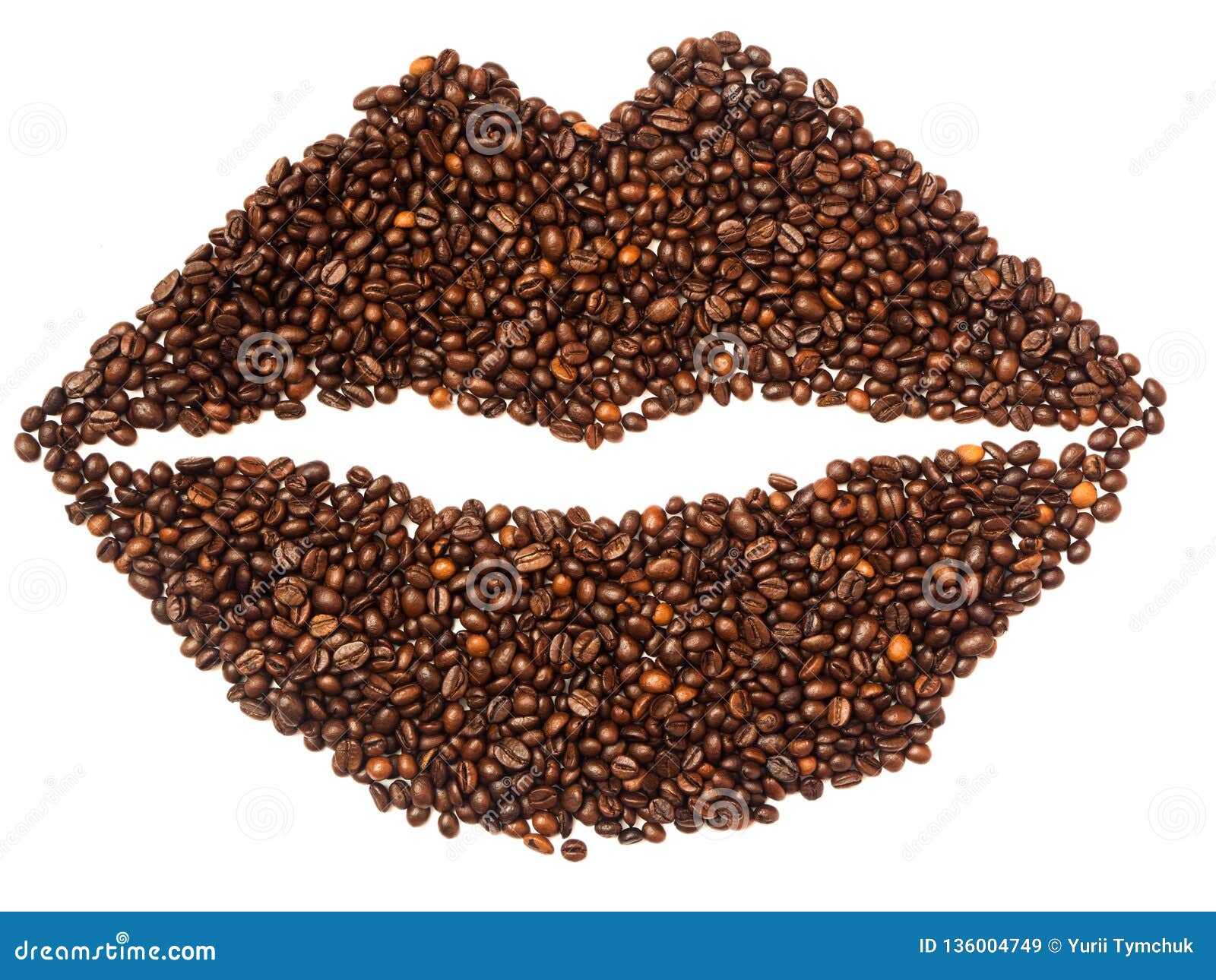 Coffee Lips Isolated on White, Top View. Form of Mouth Made of Coffee