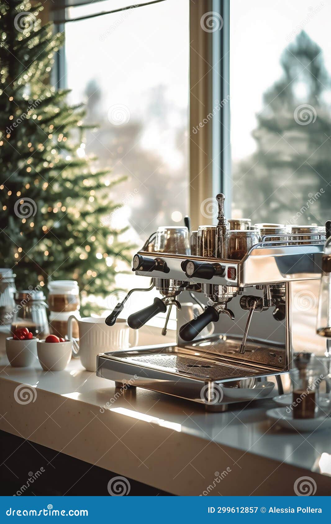 A Coffee Machine with a Christmas Tree in a Blurred Background Stock