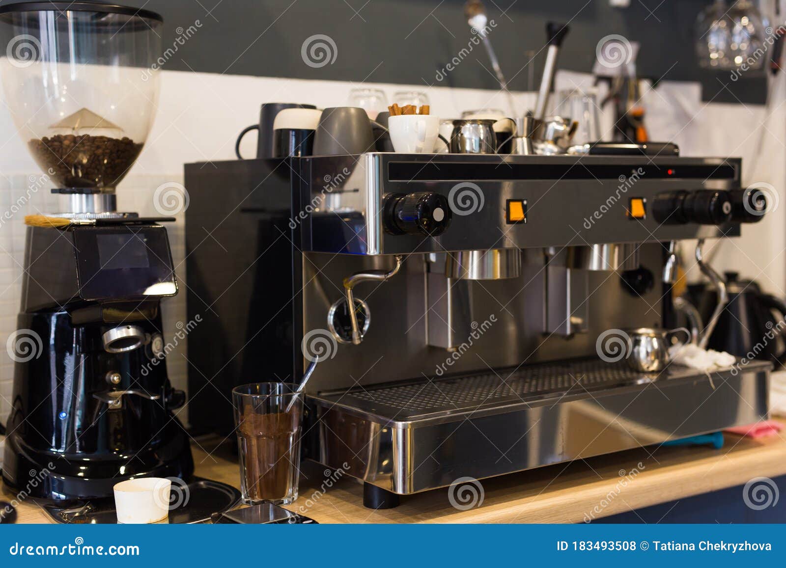 Coffee Machine in Coffee Shop. Drinks and Coffee House Concept. Stock