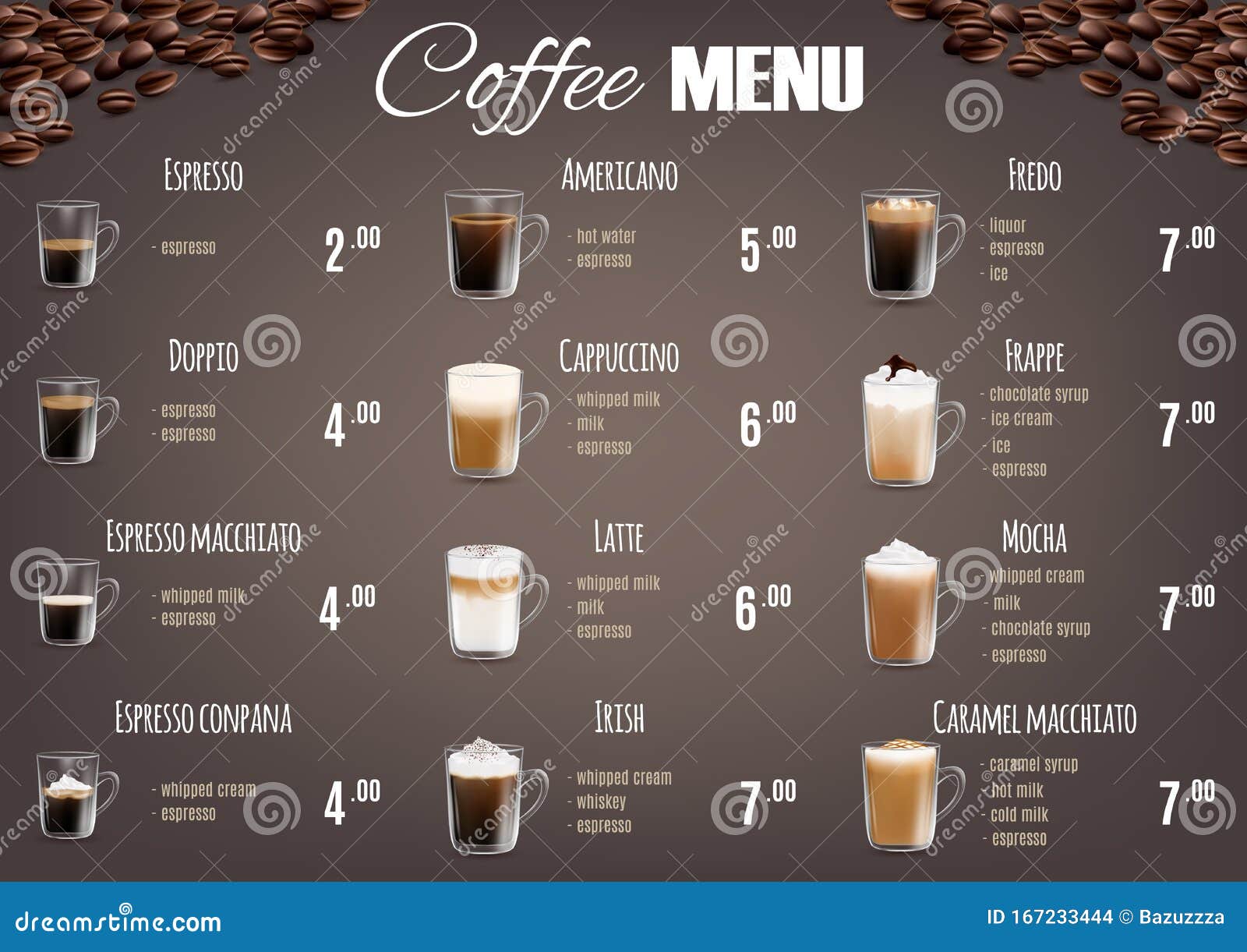 Coffee Drinks Menu Price List Vector Template Stock Vector