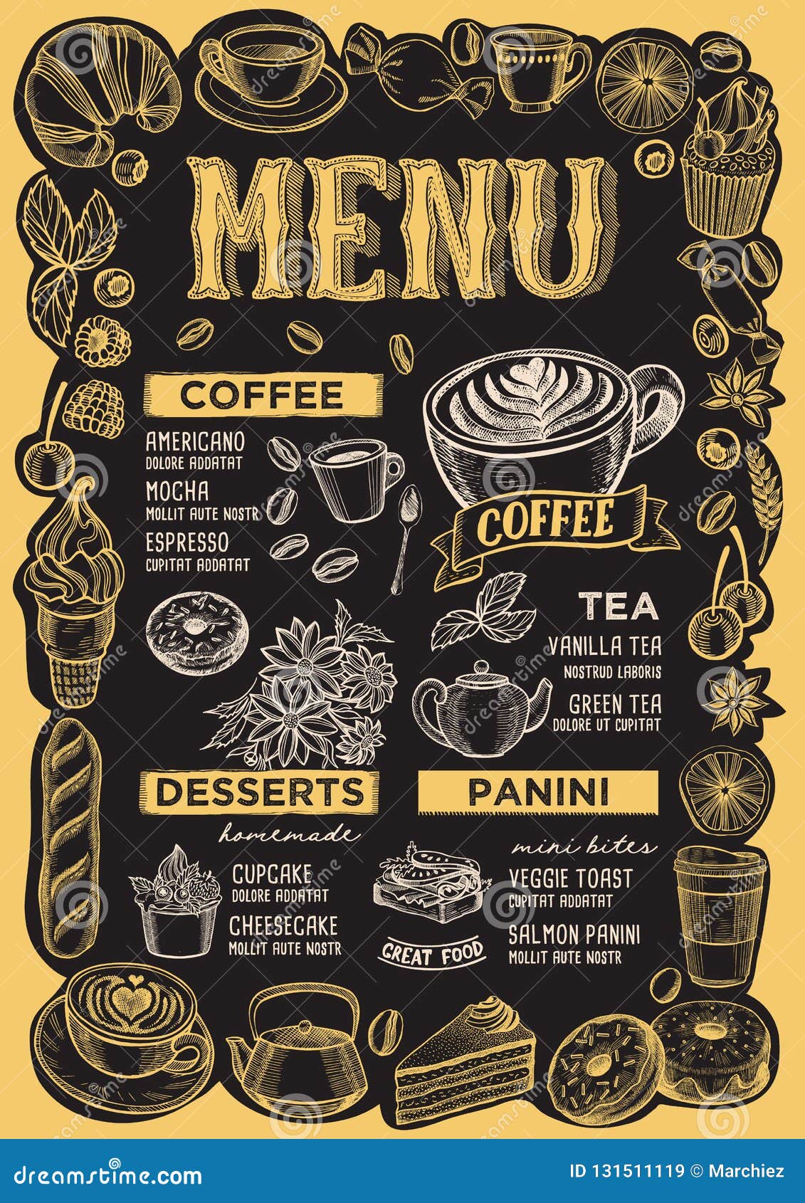 Coffee Menu Template for Restaurant on a Blackboard Background Vector  Illustration Brochure for Food and Drink Cafe. Design Layout Stock Vector -  Illustration of chef, bakery: 131511119