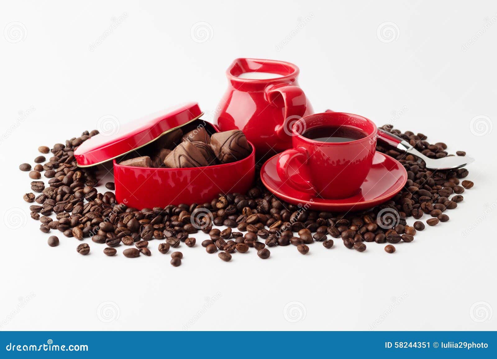 Coffee with Milk, Chocolate Candy. Coffee Concept Isolated on Wh Stock