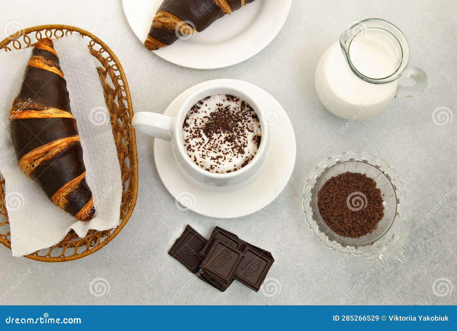 Coffee with Milk and Chocolate Croissants Stock Image Image of