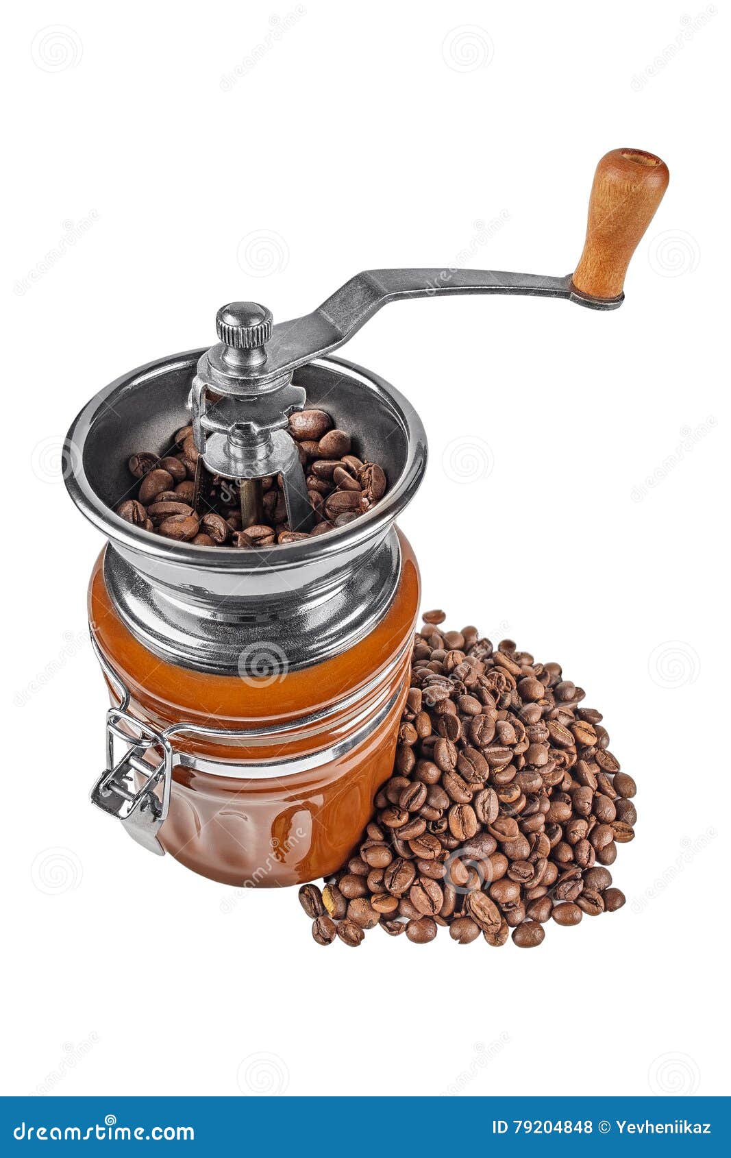 Coffee Mill with Coffee Beans on a White Background Stock Photo Image