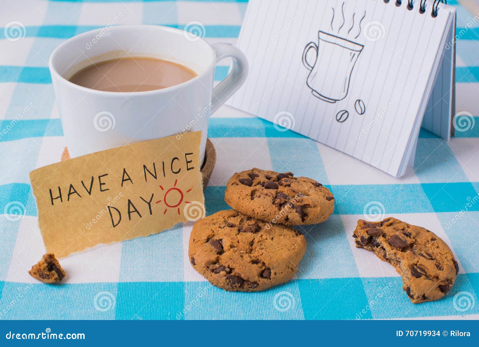Coffee Mug with Notebook and Message, Have a Nice Day Concept Stock