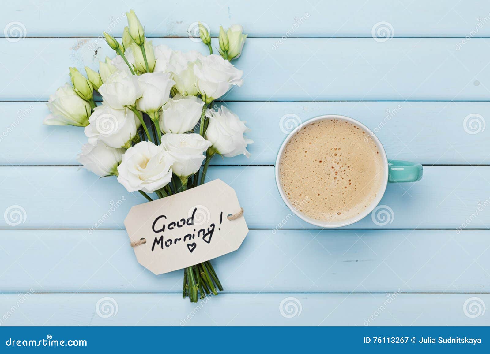 Coffee Mug with White Flowers and Notes Good Morning on Blue Rustic ...