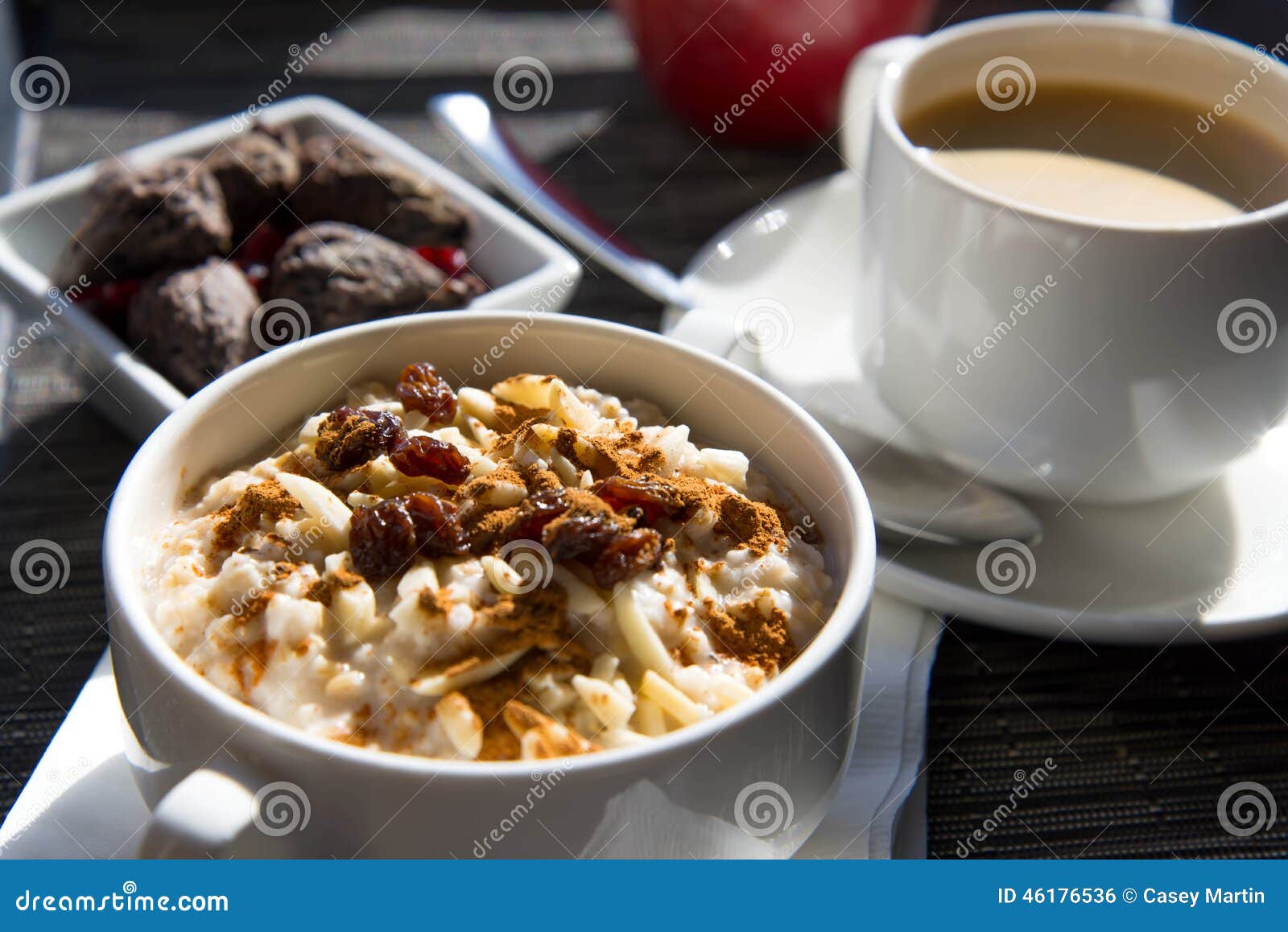 Coffee and Oatmeal with Dried Fruit Healthy Breakfast Setting Stock
