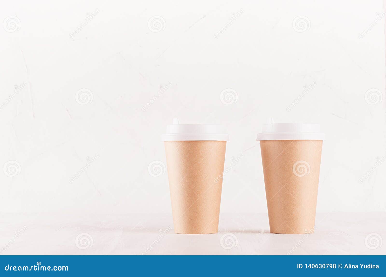 Download Coffee Packing Mockup - Two Kraft Brown Paper Cups With White Cap On White Wood Board With Copy ...