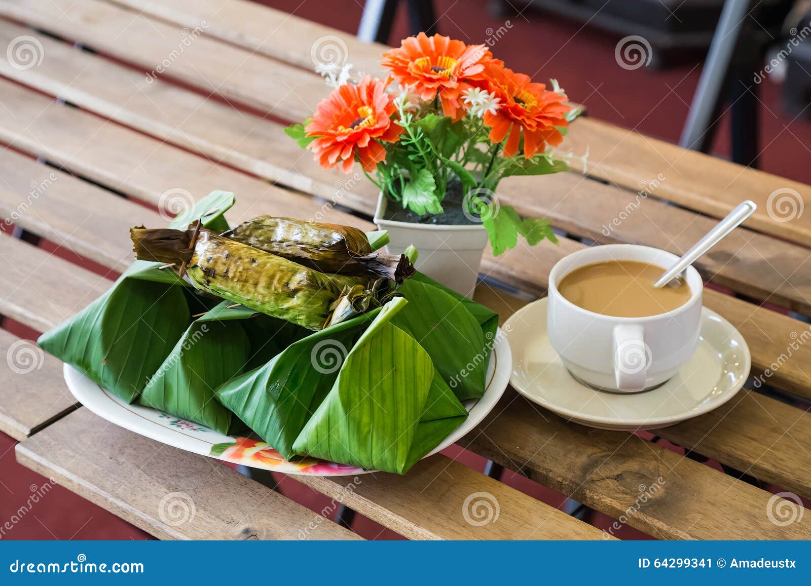 Coffee and Palm Leaf Wrapped Sweet Thai Dessert Stock Image Image of