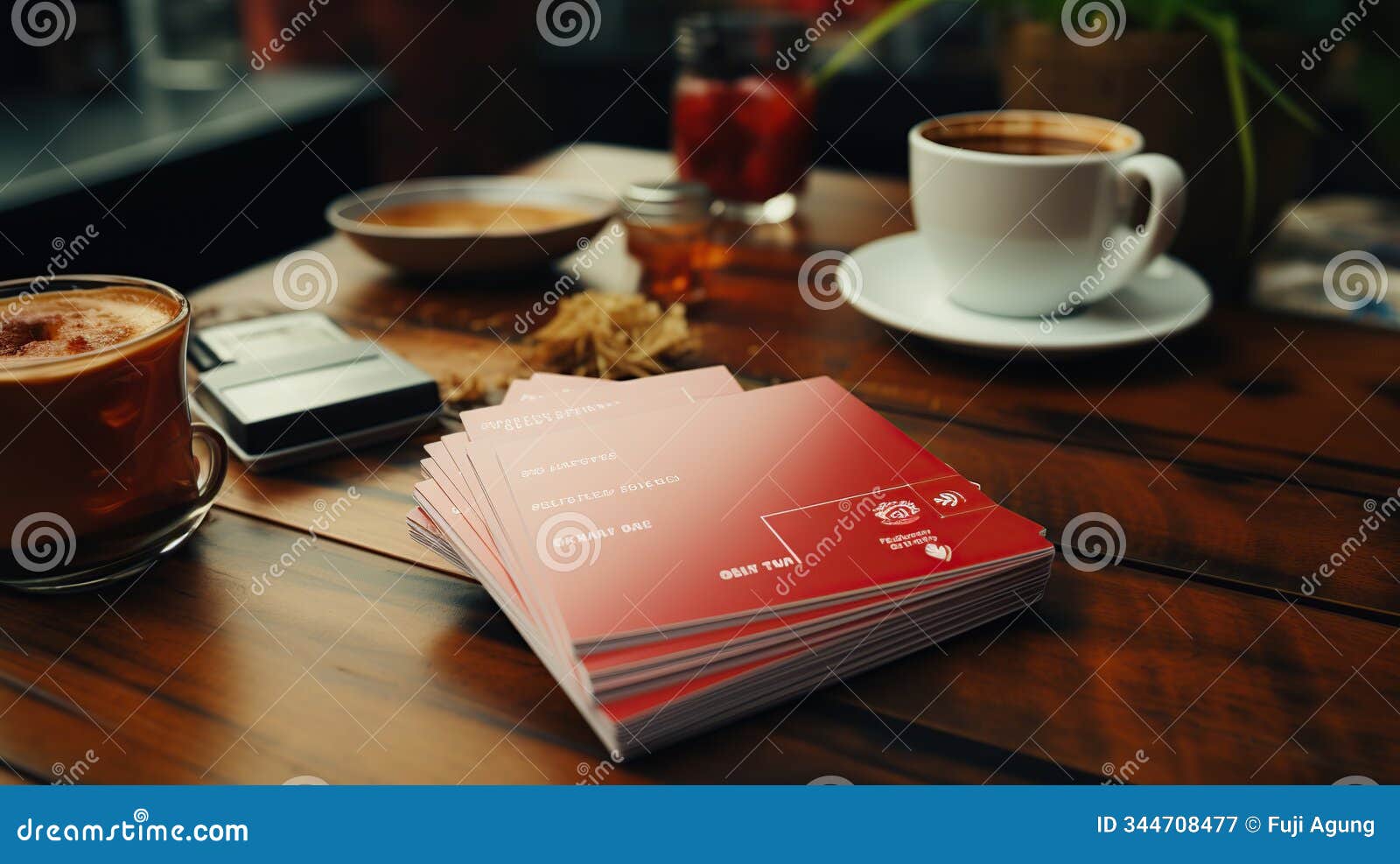 coffee and pamphlets on wooden table