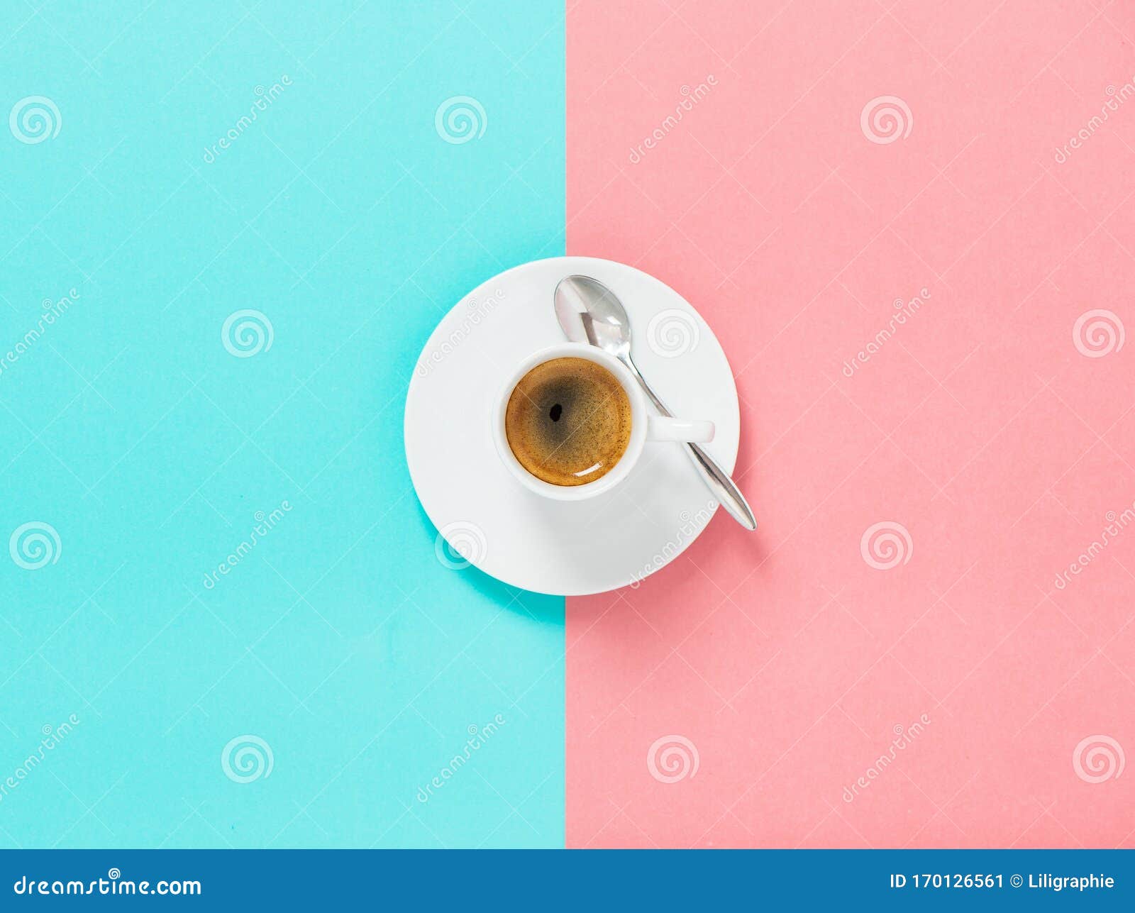 coffee pink blue background flat lay