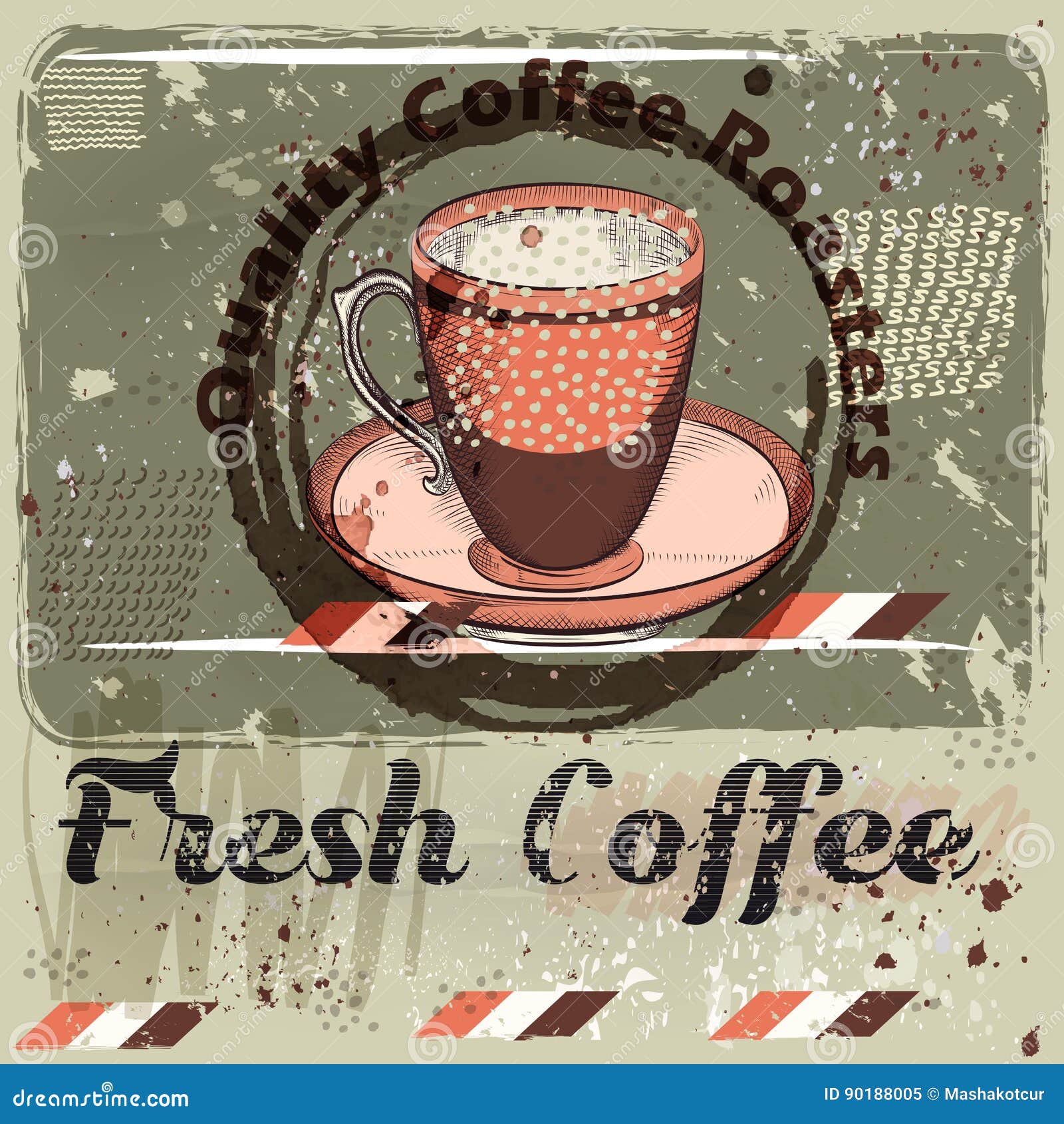 Coffee Poster with Coffee Mug on a Grunge Retro Background. Stock