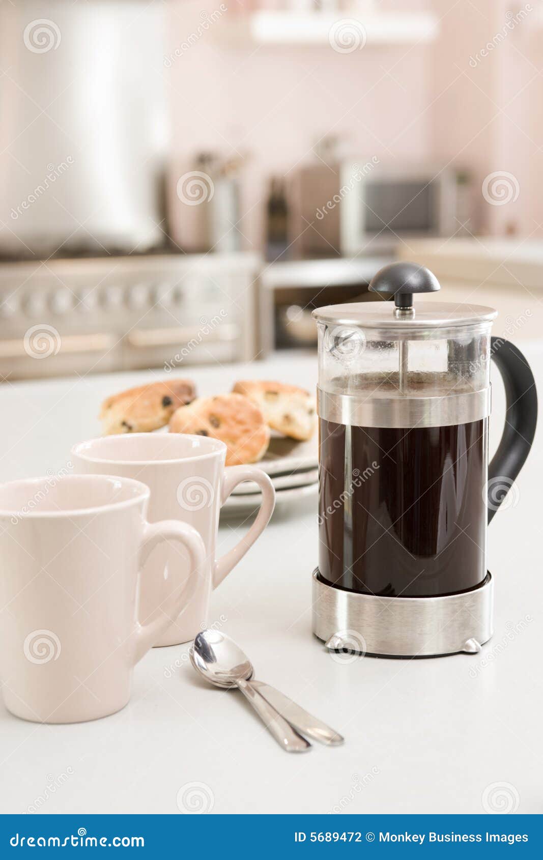 Coffee Pot on Kitchen Counter with Scones Stock Photo Image of cutlery, coffee 5689472