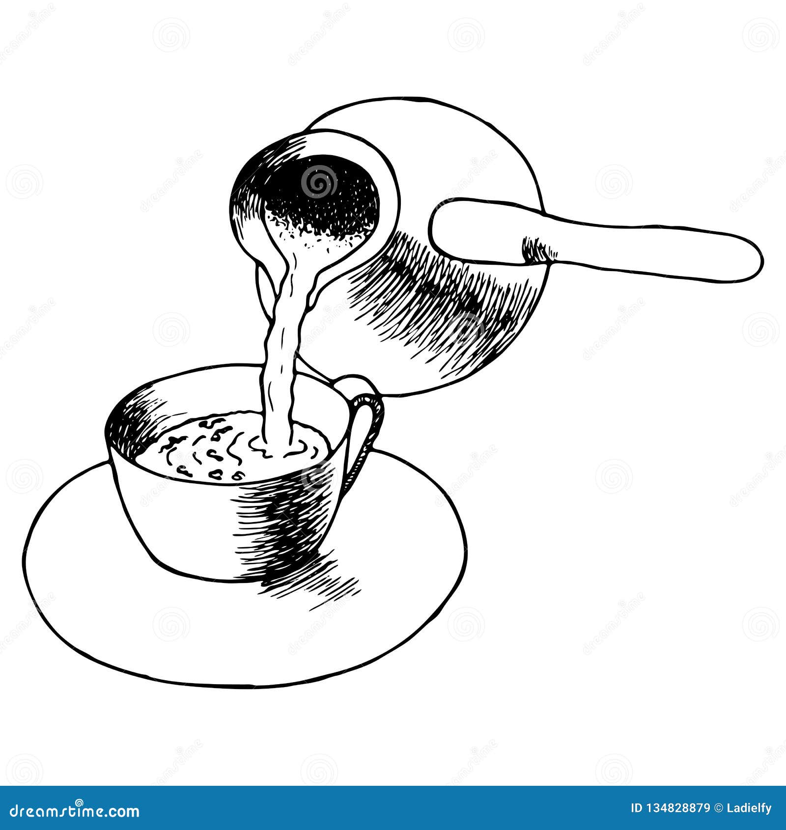 Coffee Pouring from Cezve To Cup. Contour Hand Drawn Sketch. Vector ...