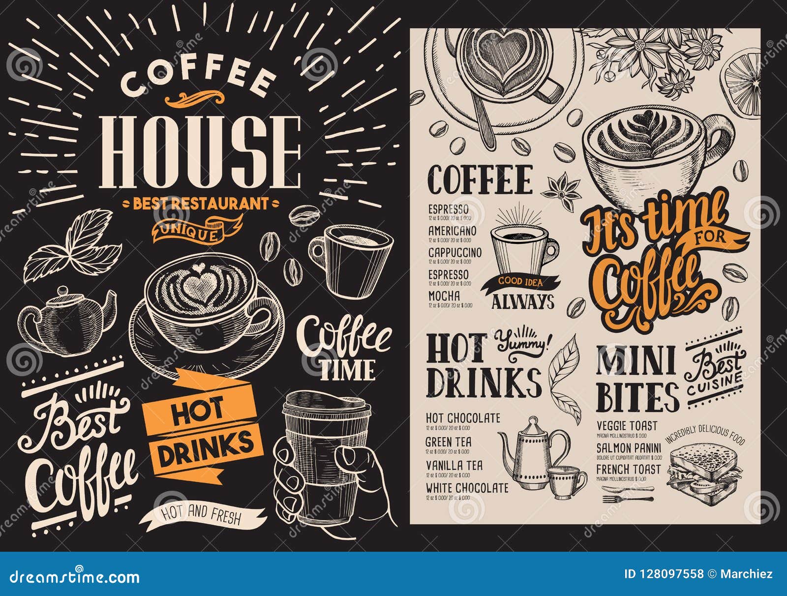 Coffee Restaurant Menu. Vector Beverage Flyer for Bar and Cafe Stock Vector  - Illustration of creative, brunch: 128097558