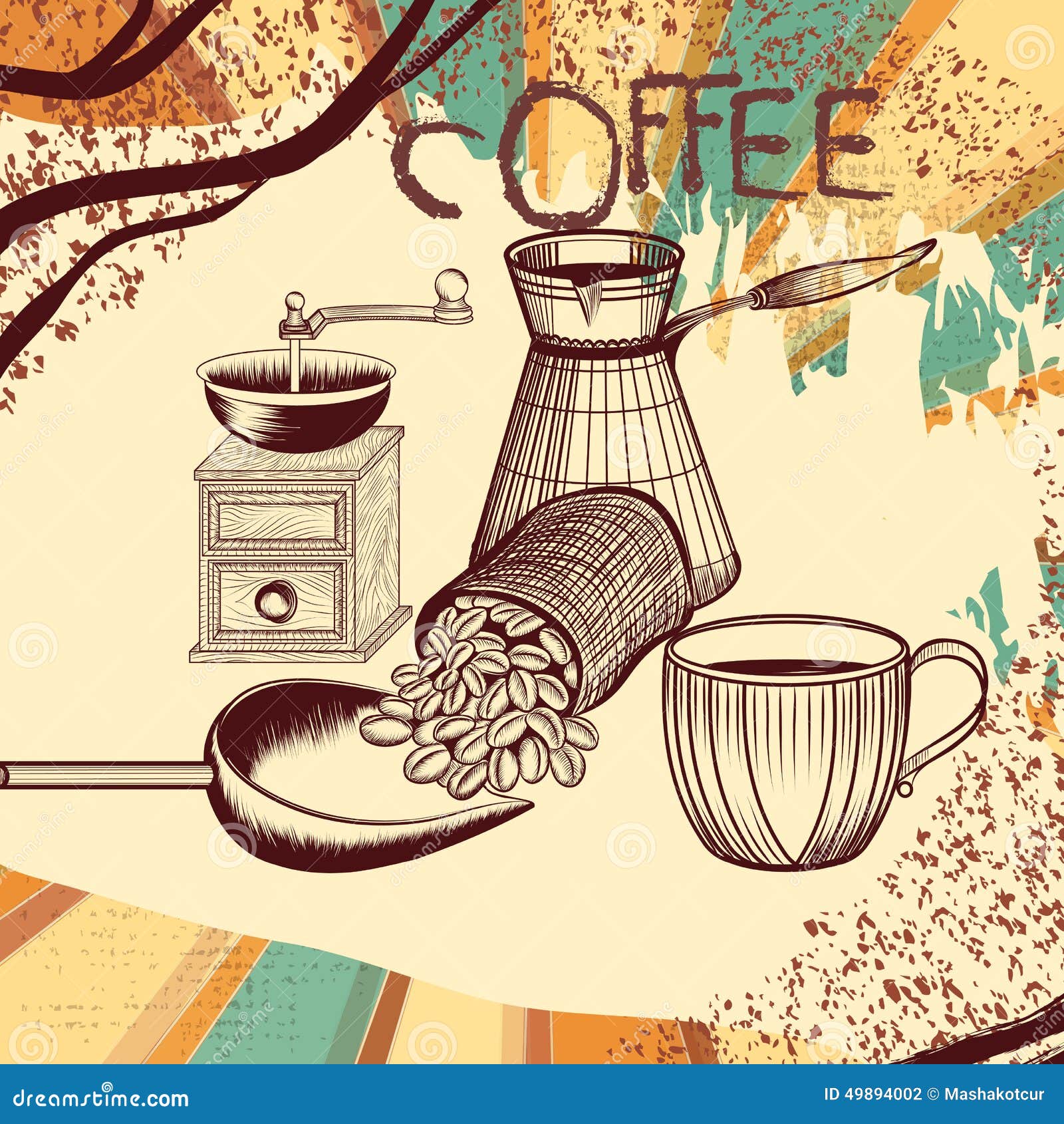 Coffee Retro Poster with Hand Drawn Coffee Mill, Mug and Coffee Stock