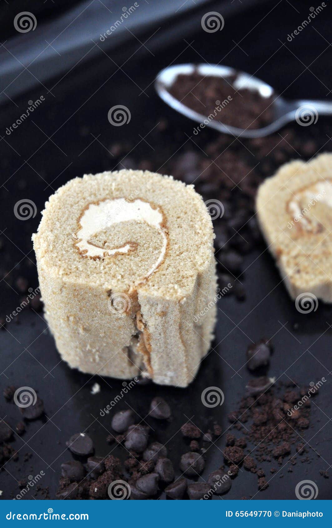 Coffee Roll Cake with Chocolate and Coffee on Tray Stock Photo Image