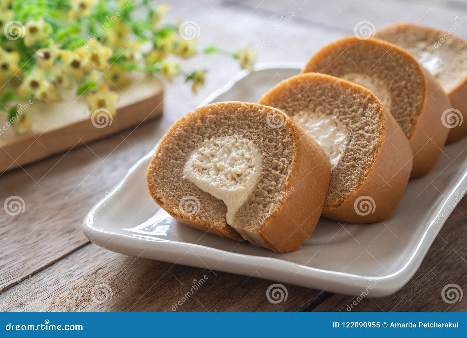 Coffee Roll Cake with Cream on Plate Stock Image Image of chocolate