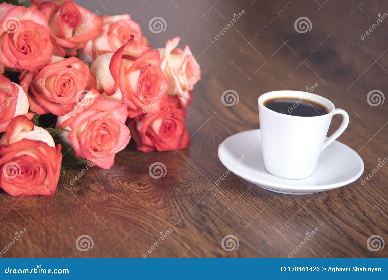 Coffee with roses stock photo. Image of drink, breakfast 178461426