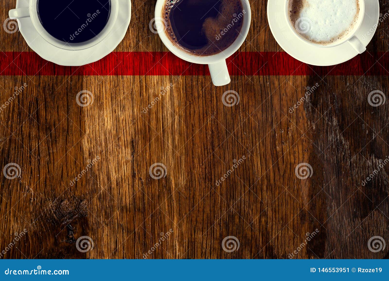 coffee served on an old wooden table. view from above. empty space for copying and pasting text.