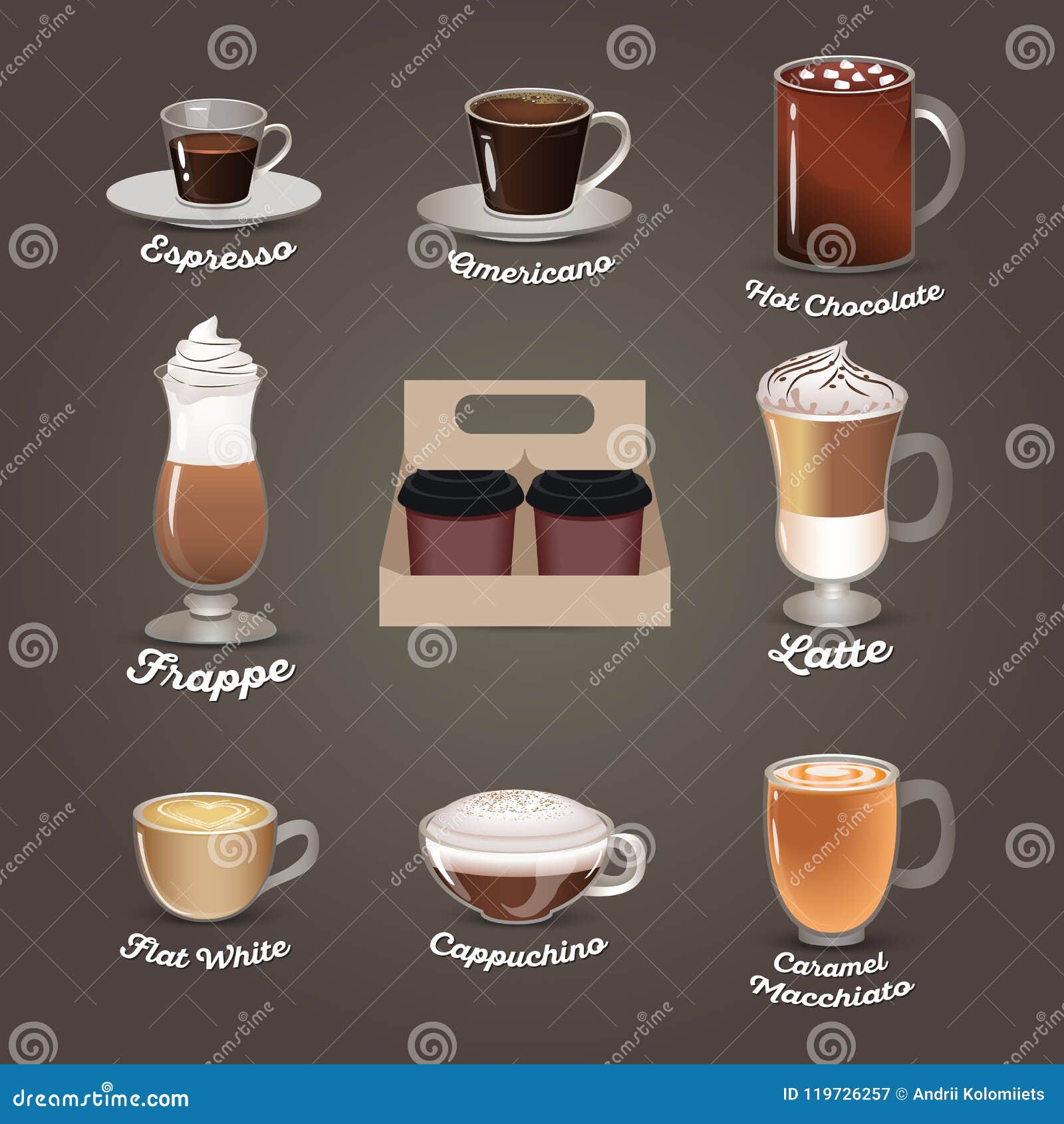 Premium Vector  Espresso, latte, cappuccino in glasses and mugs. coffee  types for coffee house menu.