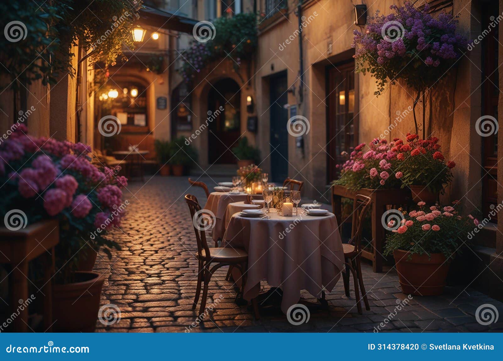 coffee shop, bossa nova style, cute tables outside, cobblestone road, flowers
