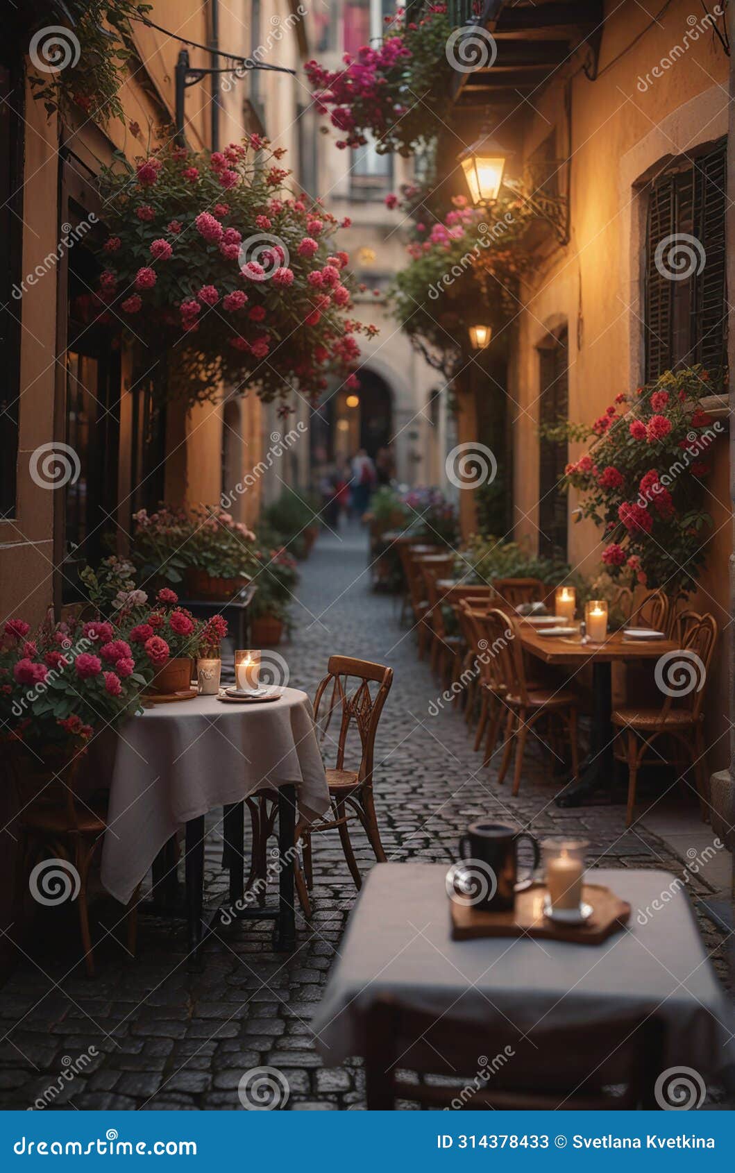 coffee shop, bossa nova style, cute tables outside, cobblestone road, flowers