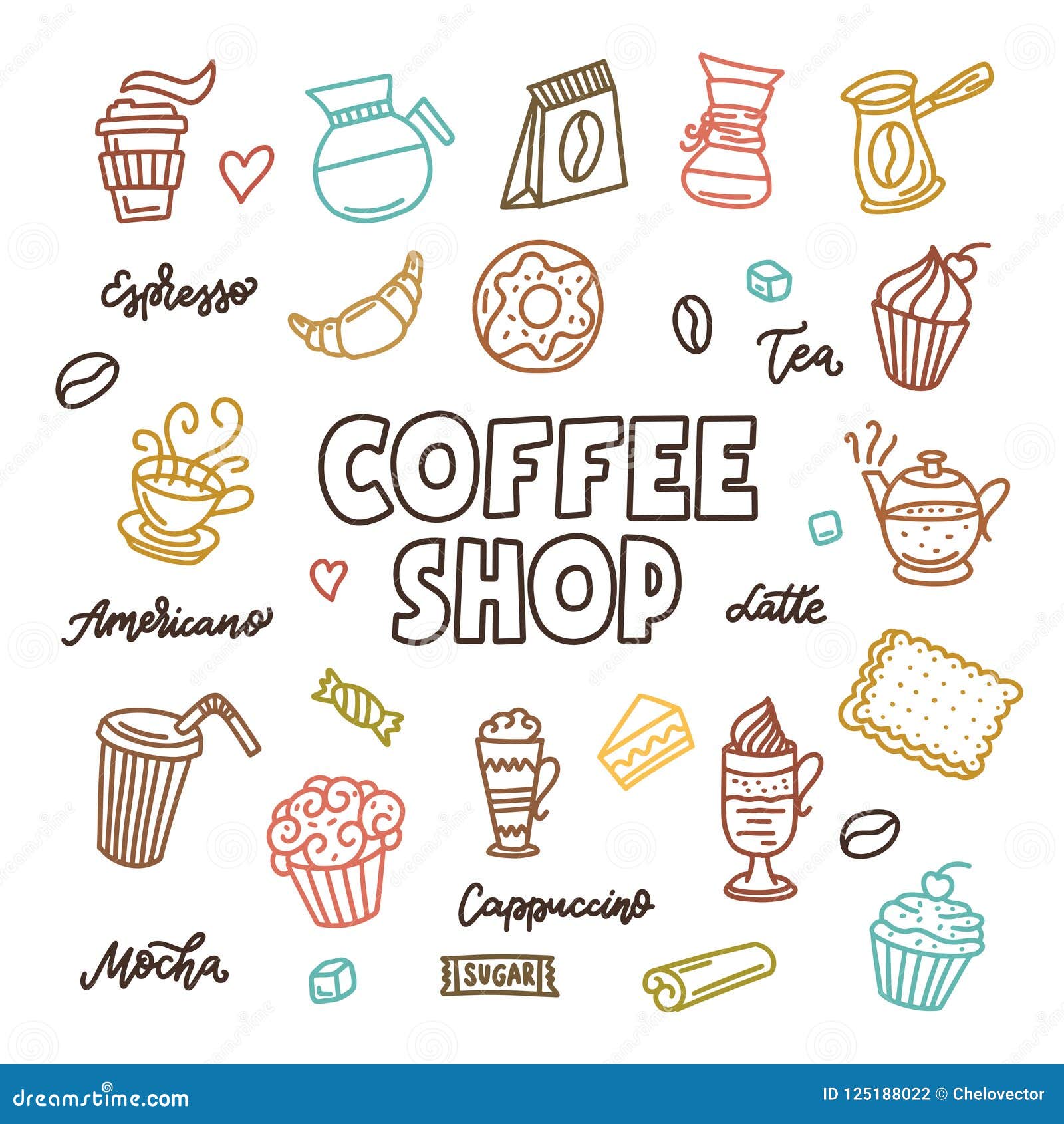 Coffee Shop Doodle Art Elements Set Vector Vintage Illustration