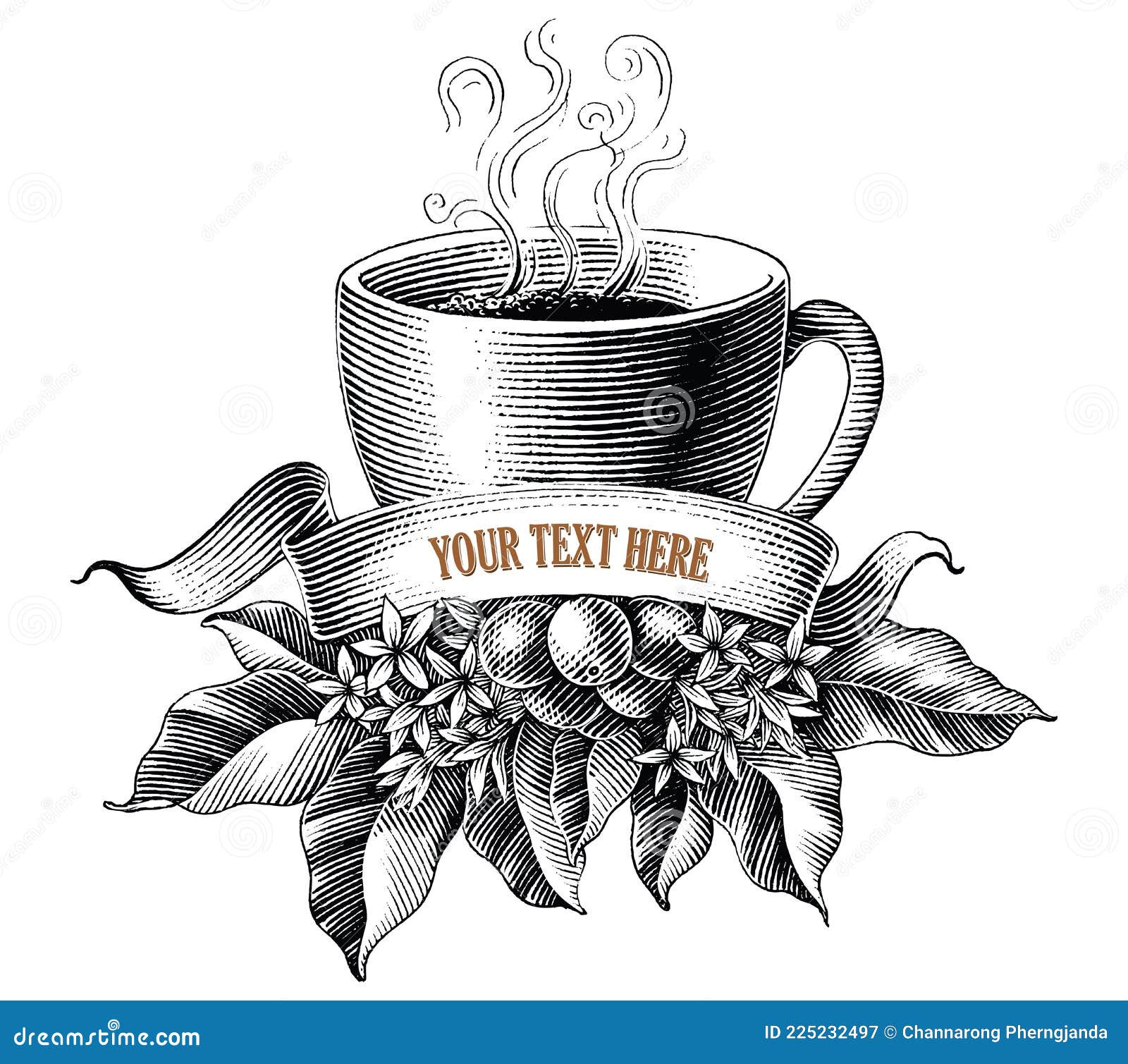 coffee shop lodo  hand draw vintage engraving style black and white clip art  on white background