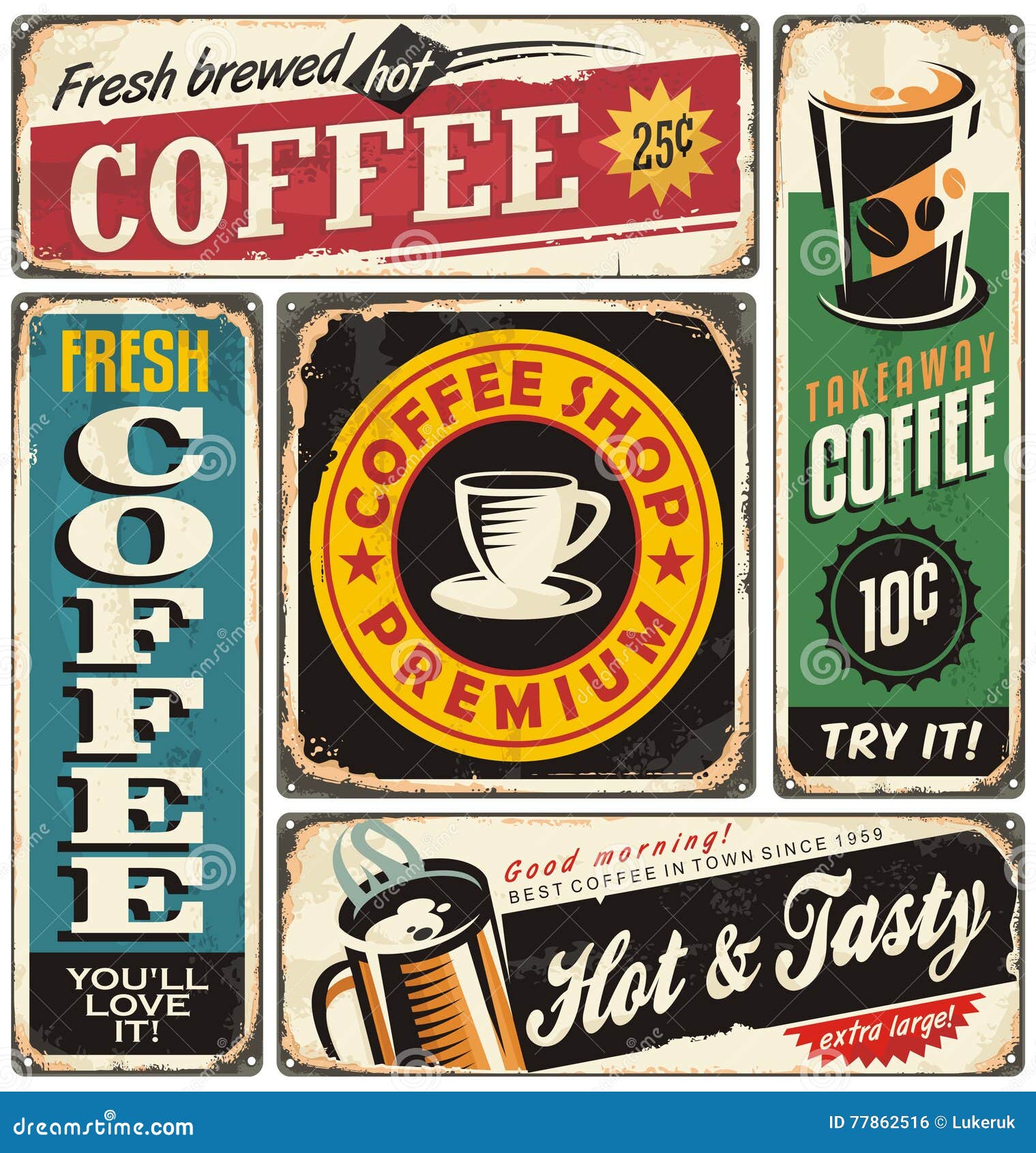 Coffee Shop Retro Metal Signs Collection Stock Vector 