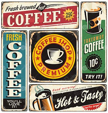 Coffee Shop Retro Metal Signs Collection Stock Vector - Illustration of ...