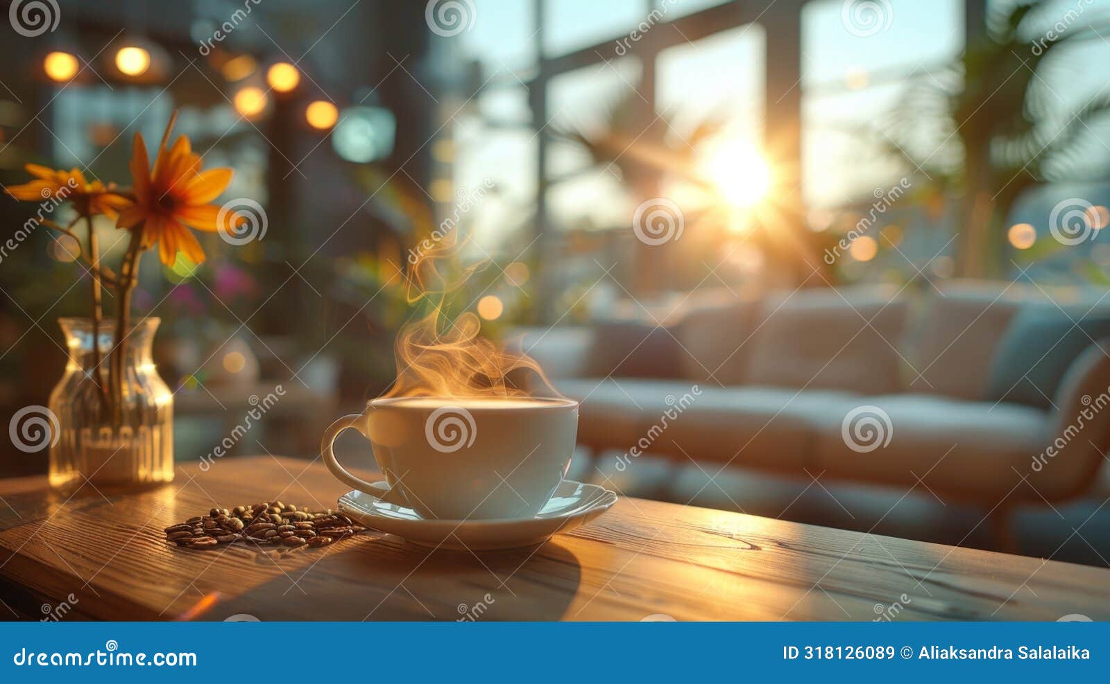 coffee shop vibe, vanilla latte steaming on a wooden table creates a cozy vibe, ideal for a calming afternoon break