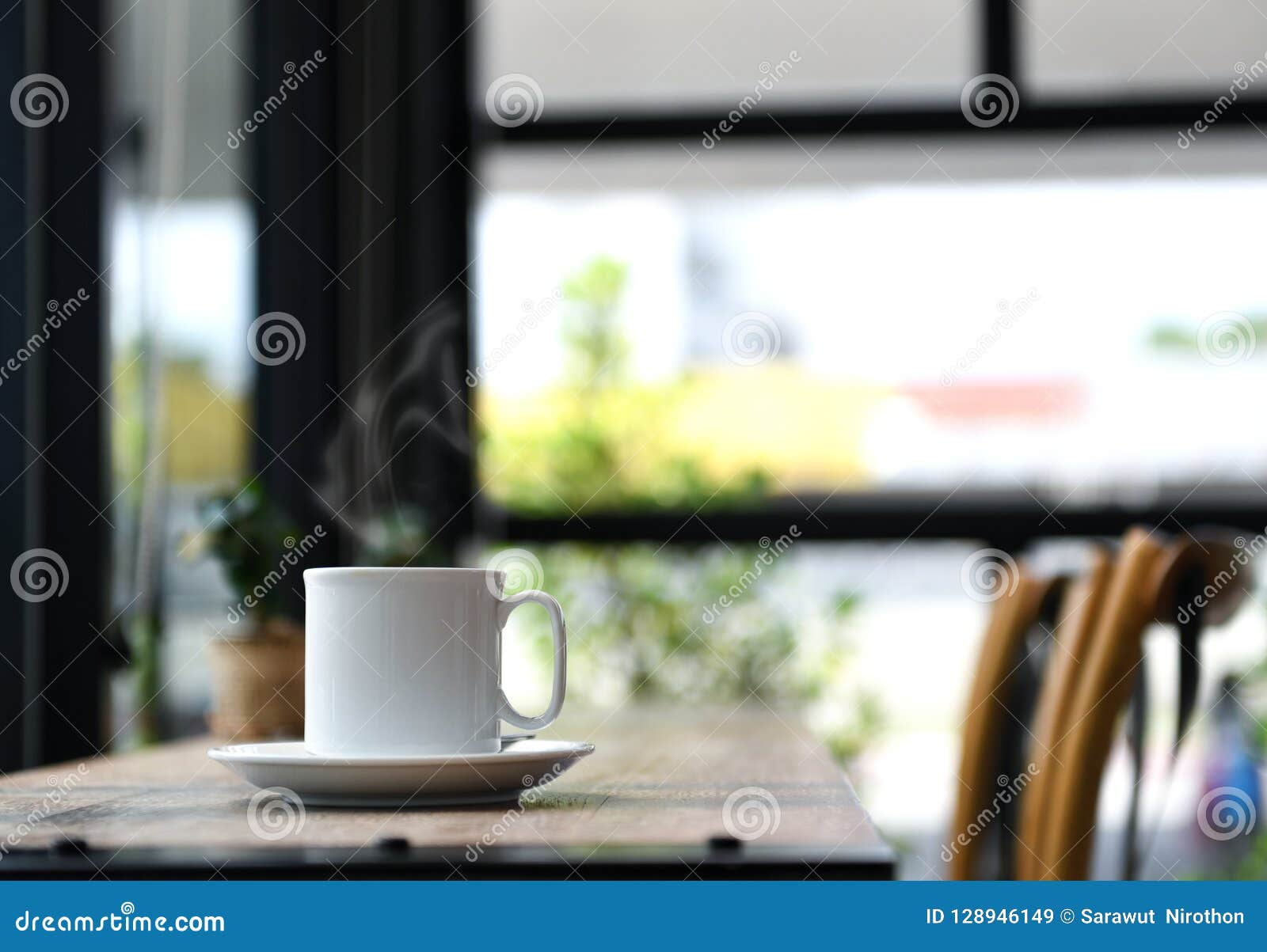 Coffee with Smoke on Wooden Table. Stock Image Image of caffeine