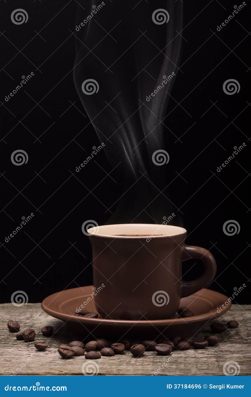 Coffee with Steam and Beans on Black Background Stock Photo Image of
